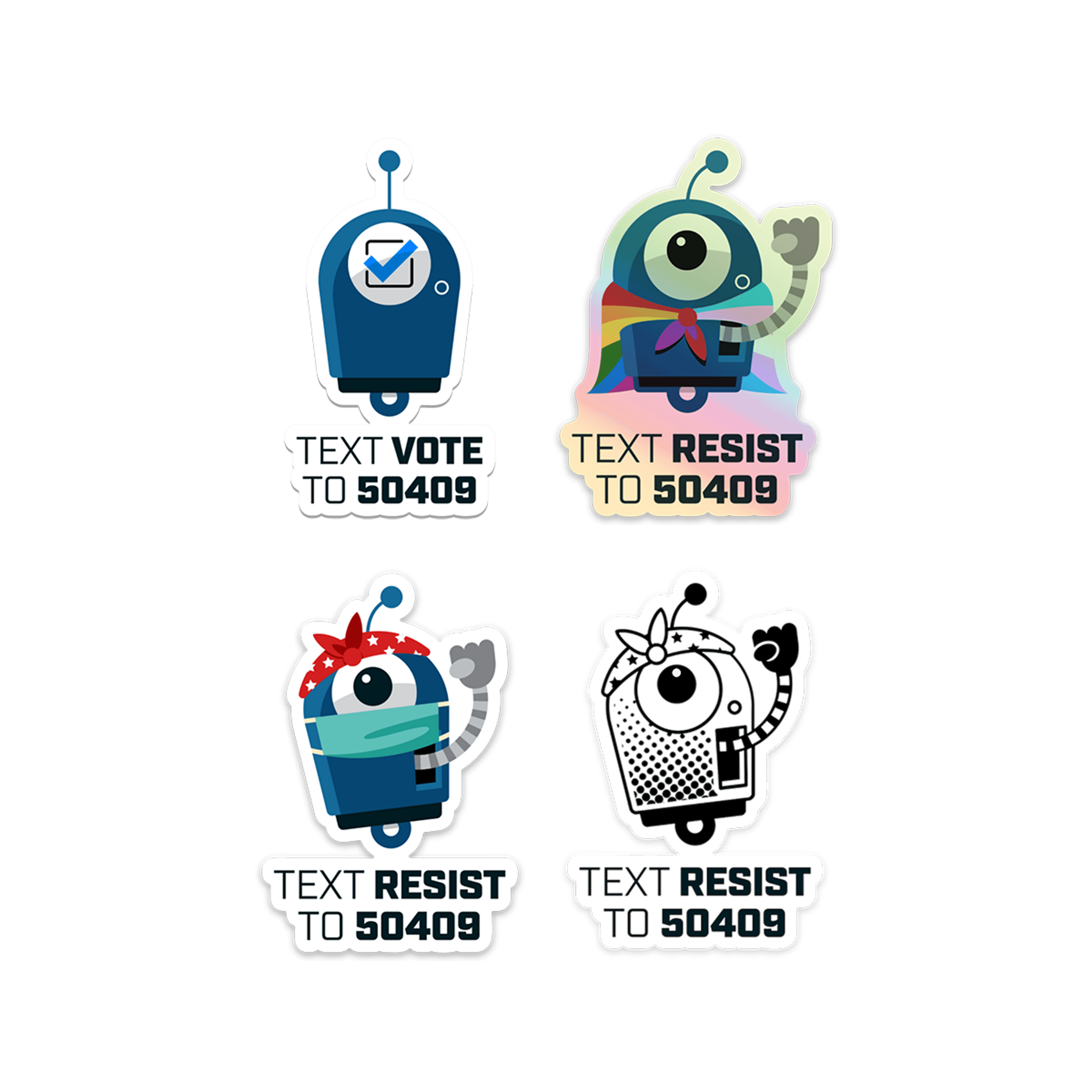Four Resistbot stickers: vote bot, pride bot hologram, masked Rosie, and clear halftone bot.