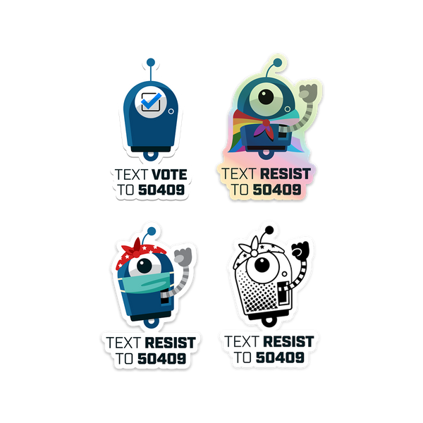 Four Resistbot stickers: vote bot, pride bot hologram, masked Rosie, and clear halftone bot.