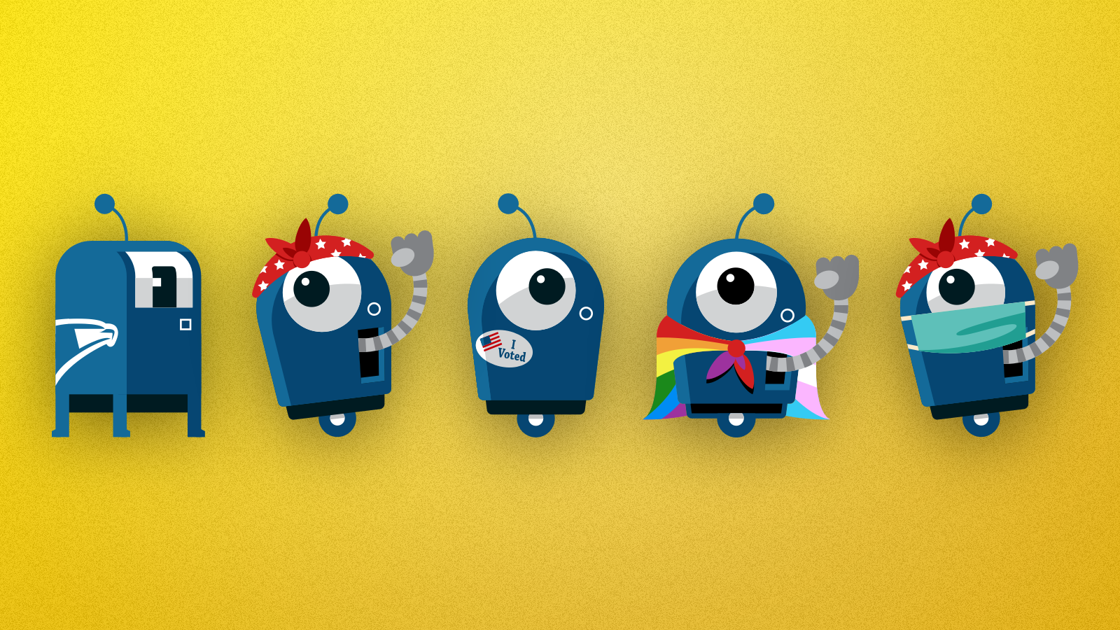Image of five different Resistbots: a postal service bot, Rosie the Riveter, a voting bot, a bot with a pride flag, and a nurse bot with a surgical mask.
