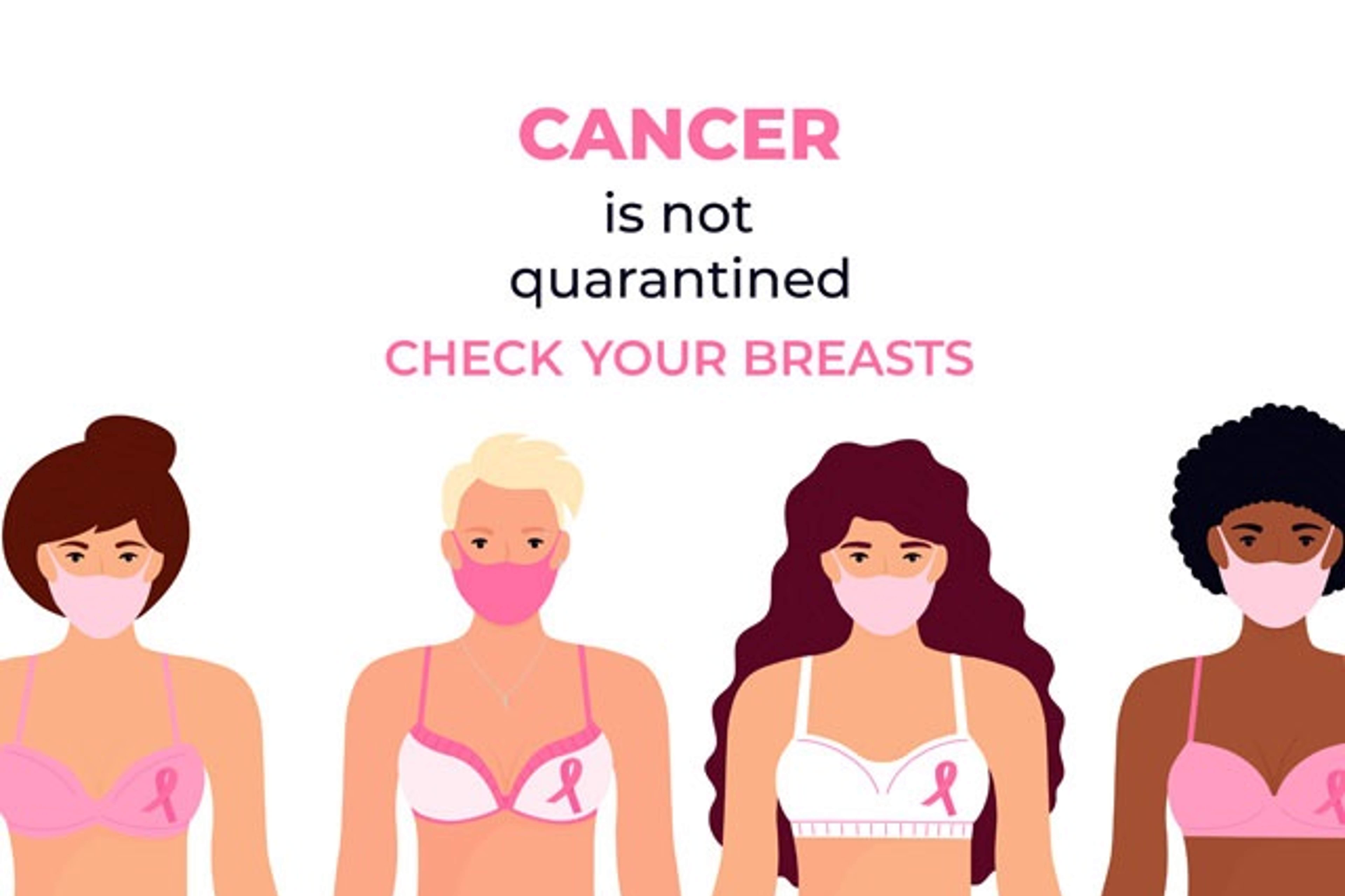 Illustration of women of different races with bras and masks on with the text, "cancer is not quarantined, check your breasts".