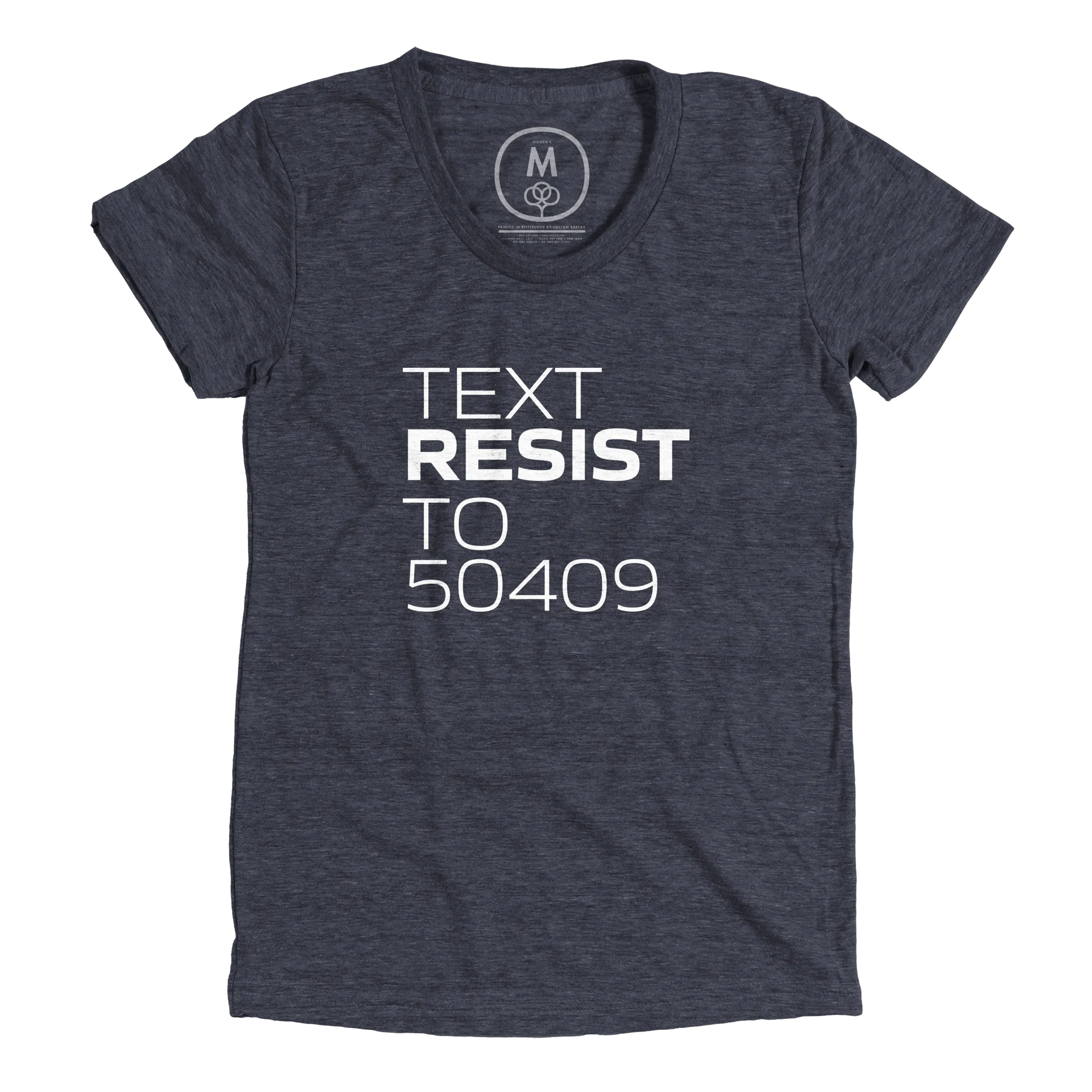 Women's v-neck tee shirt with "text resist to 50409" written across the chest