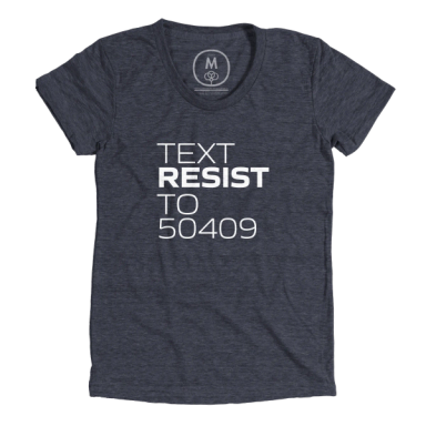 Women's v-neck tee shirt with "text resist to 50409" written across the chest