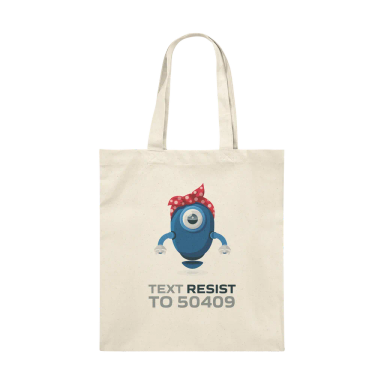 Natural colored tote bag with an image of the Resistbot robot on it