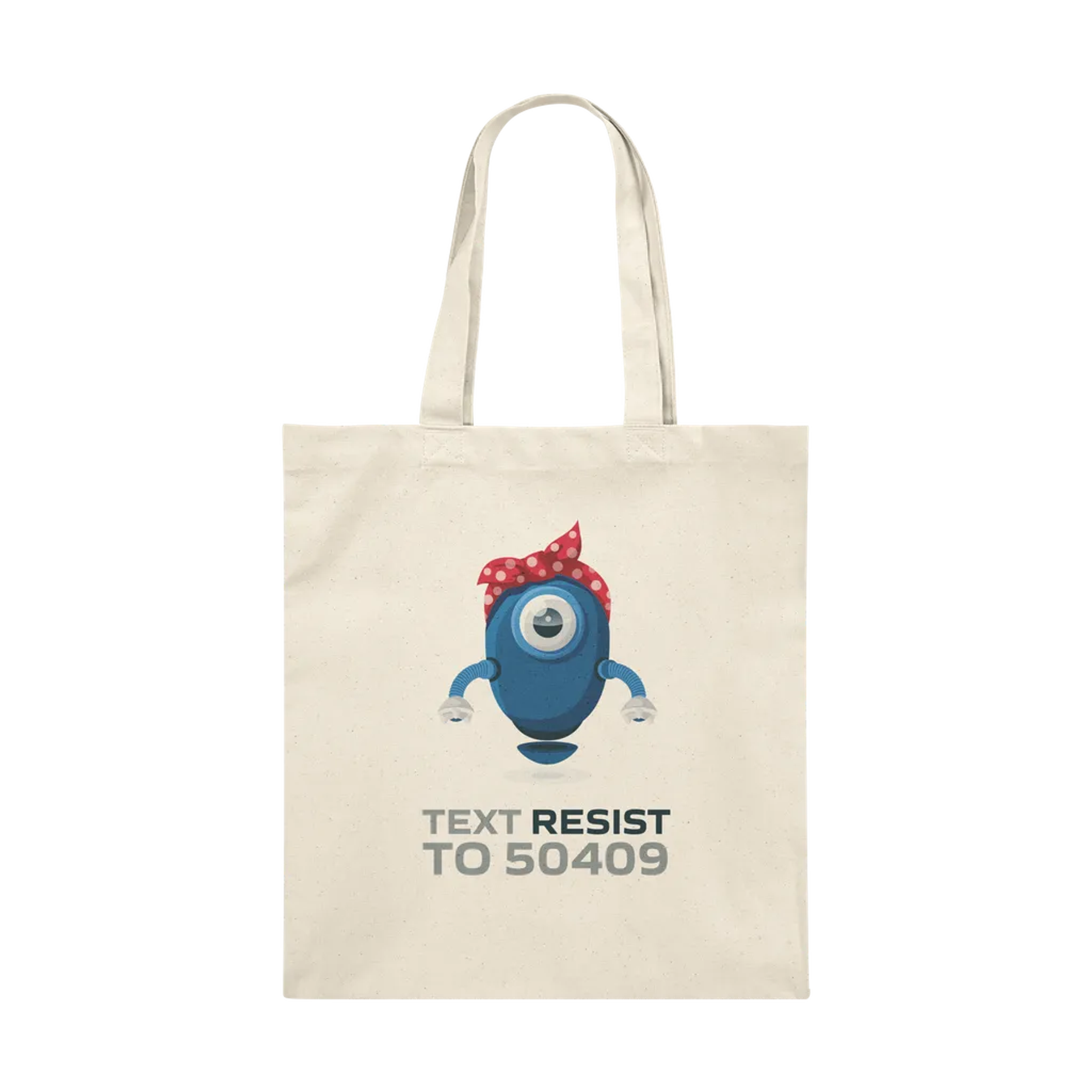 Natural colored tote bag with an image of the Resistbot robot on it