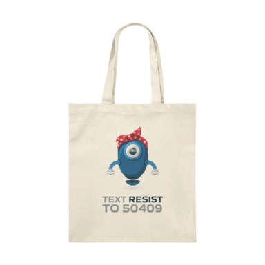 Natural colored tote bag with an image of the Resistbot robot on it