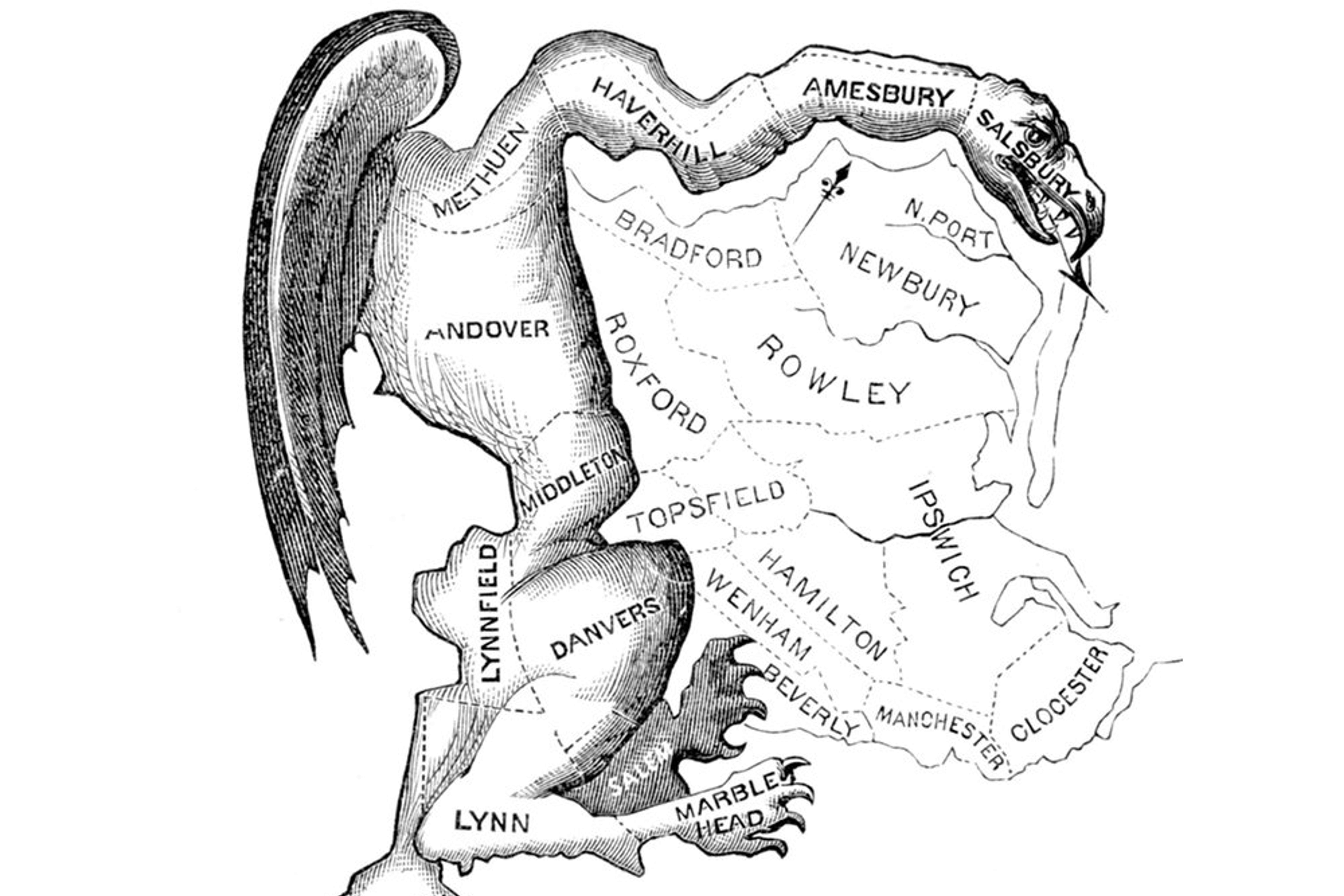Illustration of a monster created from gerrymandering shapes in England from 1812.