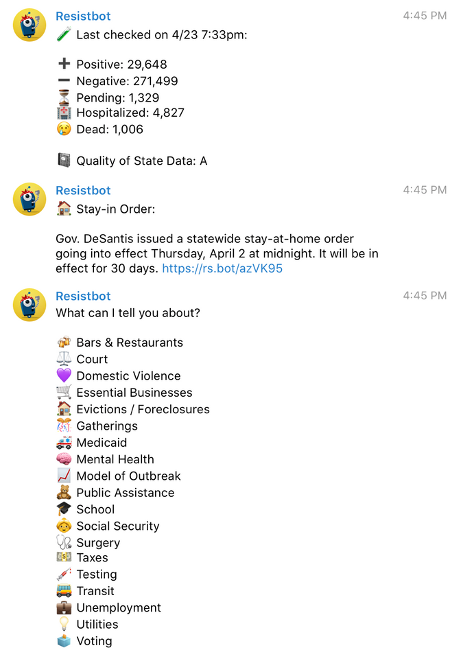 Image of the Covid keyword in use on Resistbot.