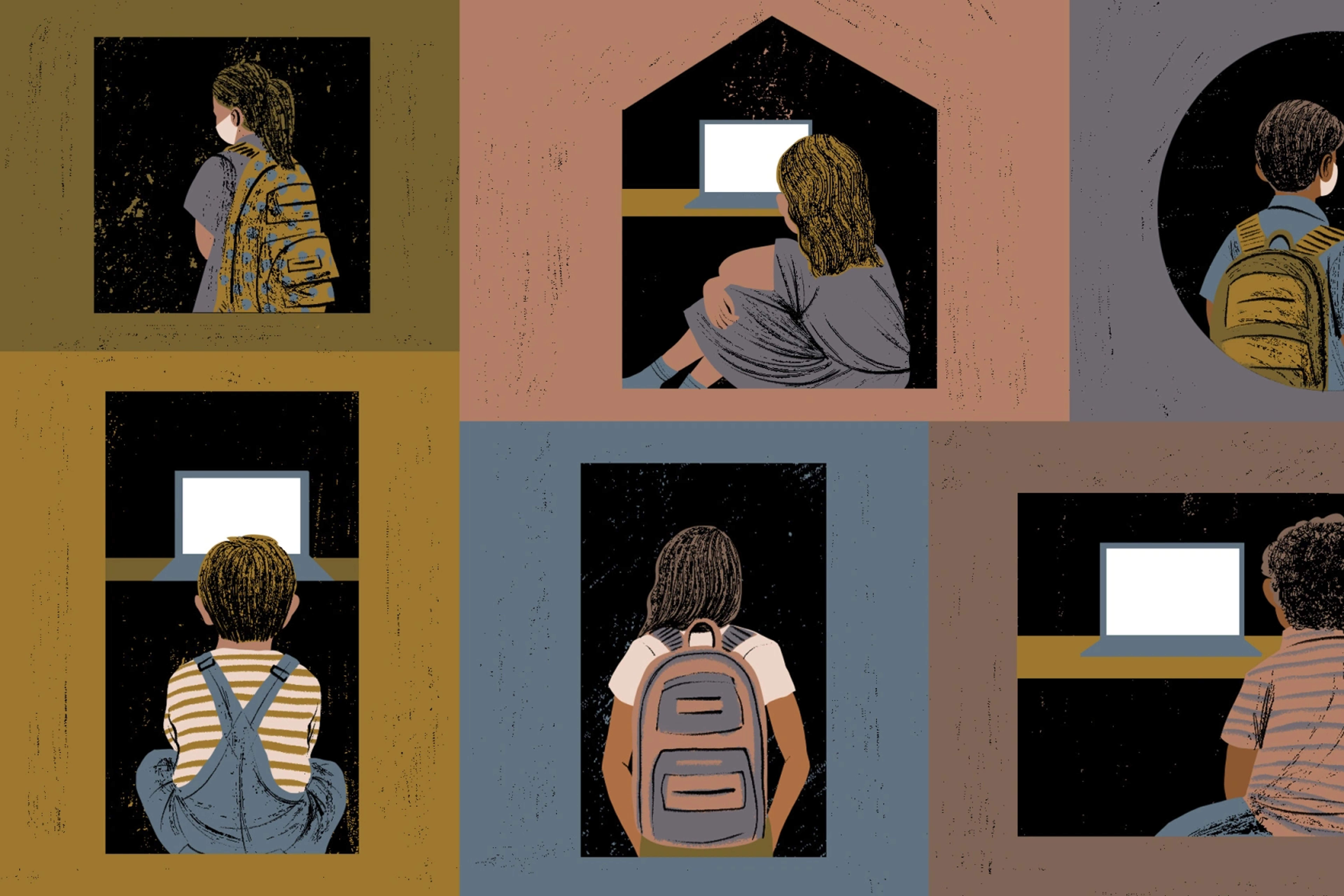 Illustration of shadowed windows with school children with their backs turned.