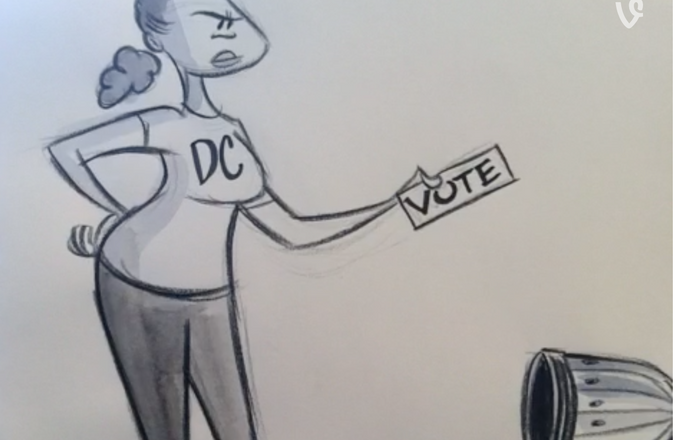 Woman hold a ballot over a garbage can shaped like the Capitol Building.