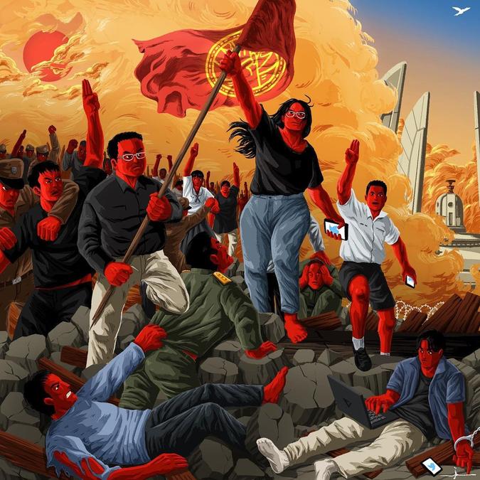 An artistic depiction of a protest in Thailand
