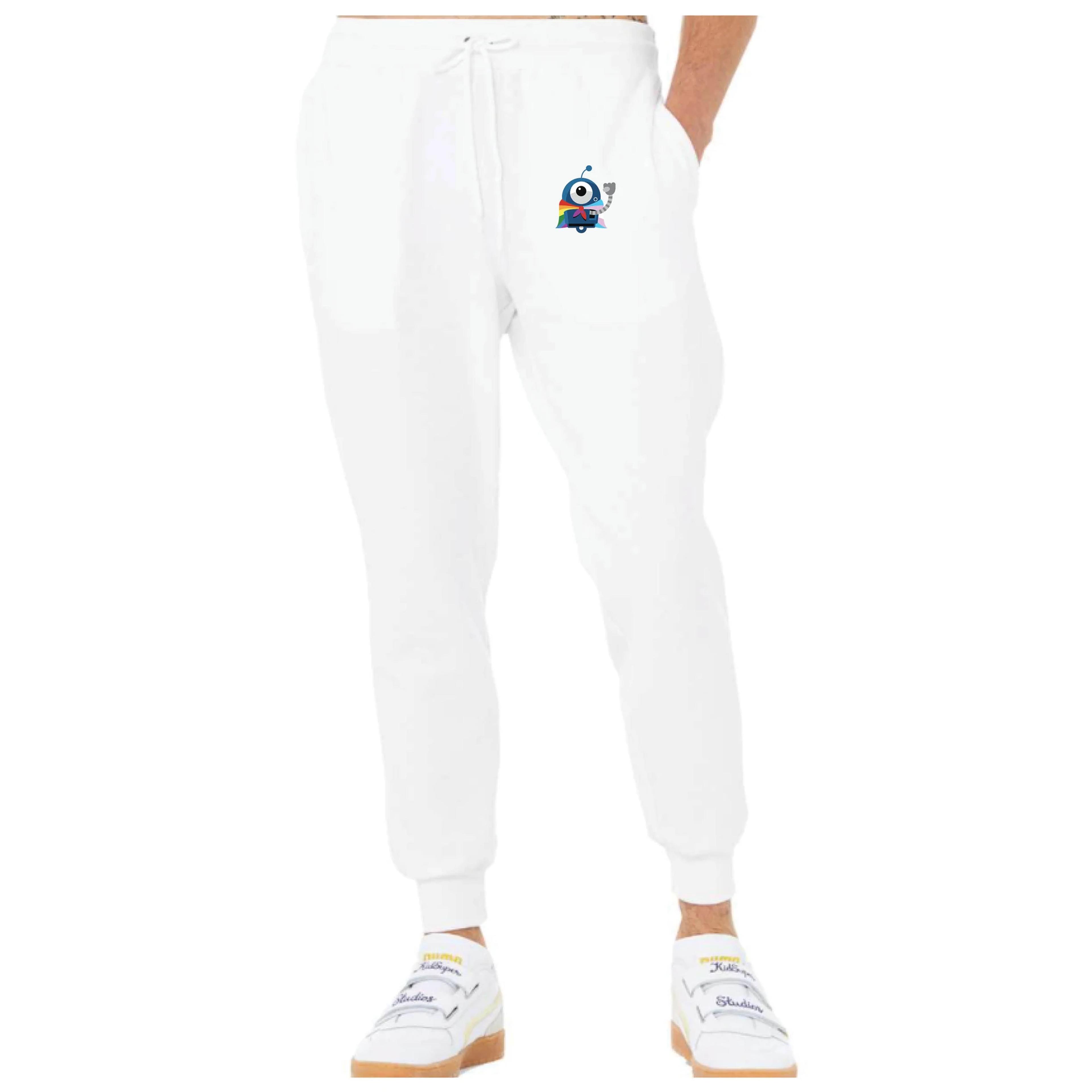 White joggers with pride bot graphic on the left leg