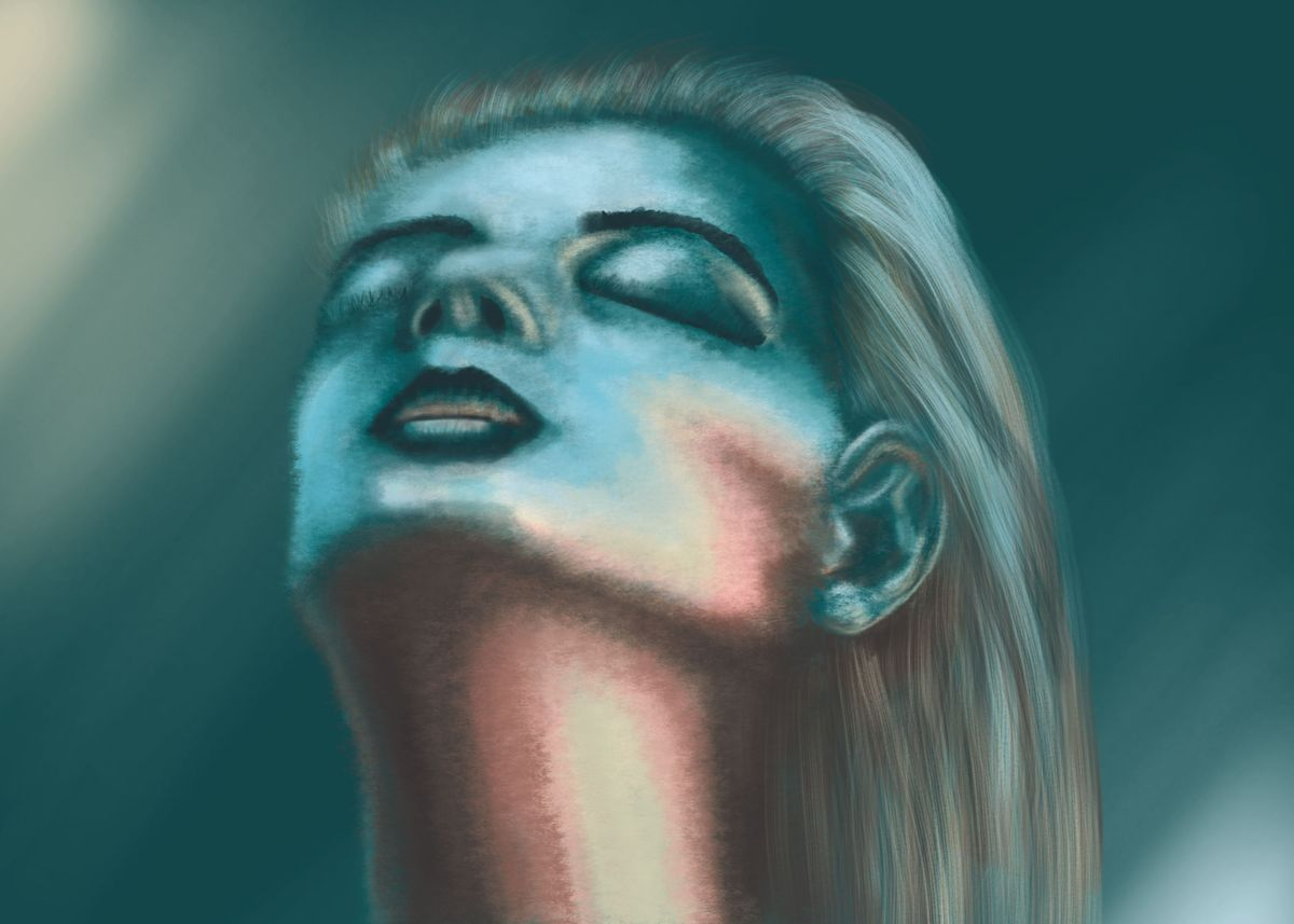 Stylized image of a woman with her eyes closed looking at the sun