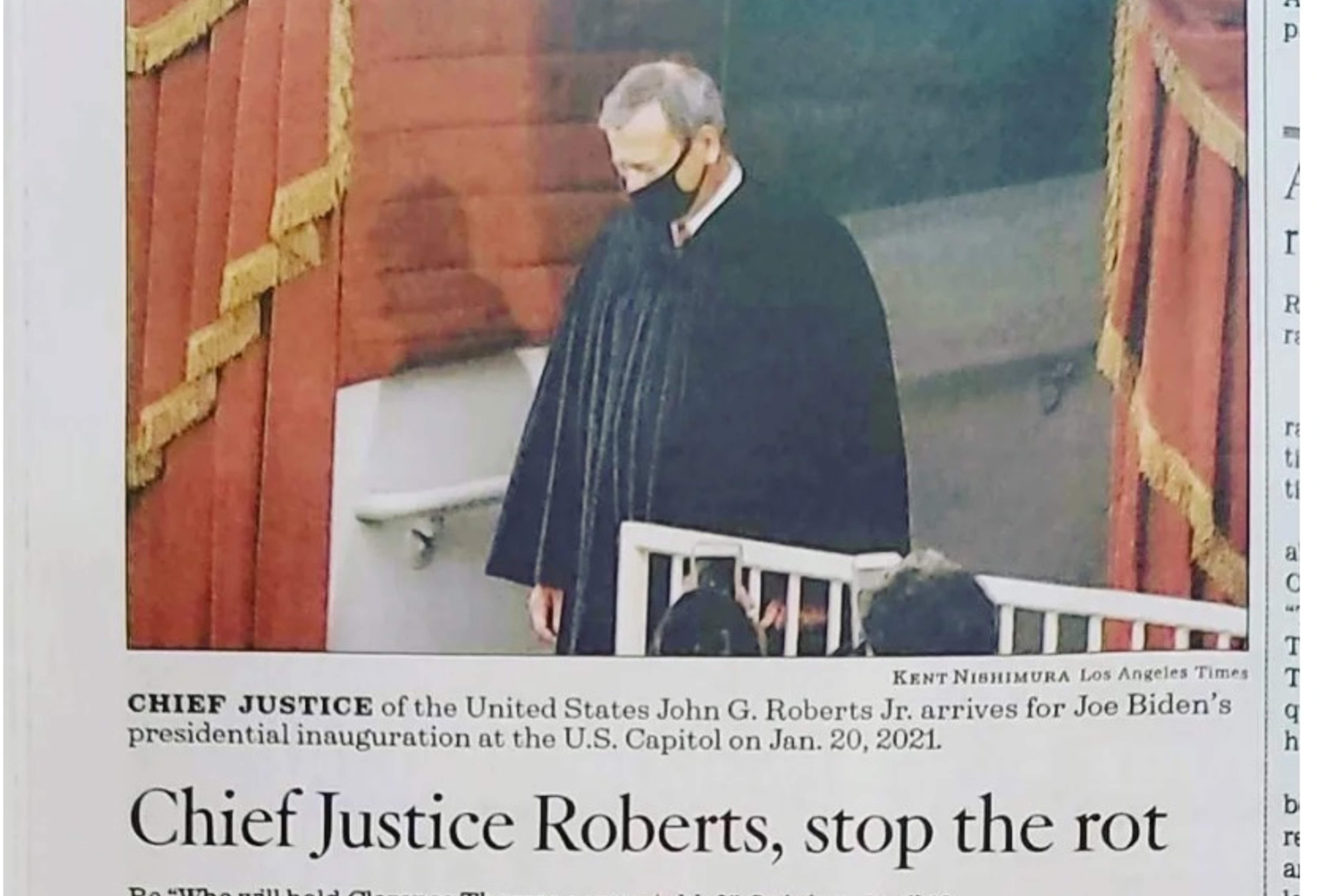 Newspaper headline with photo of Chief Justice Roberts 