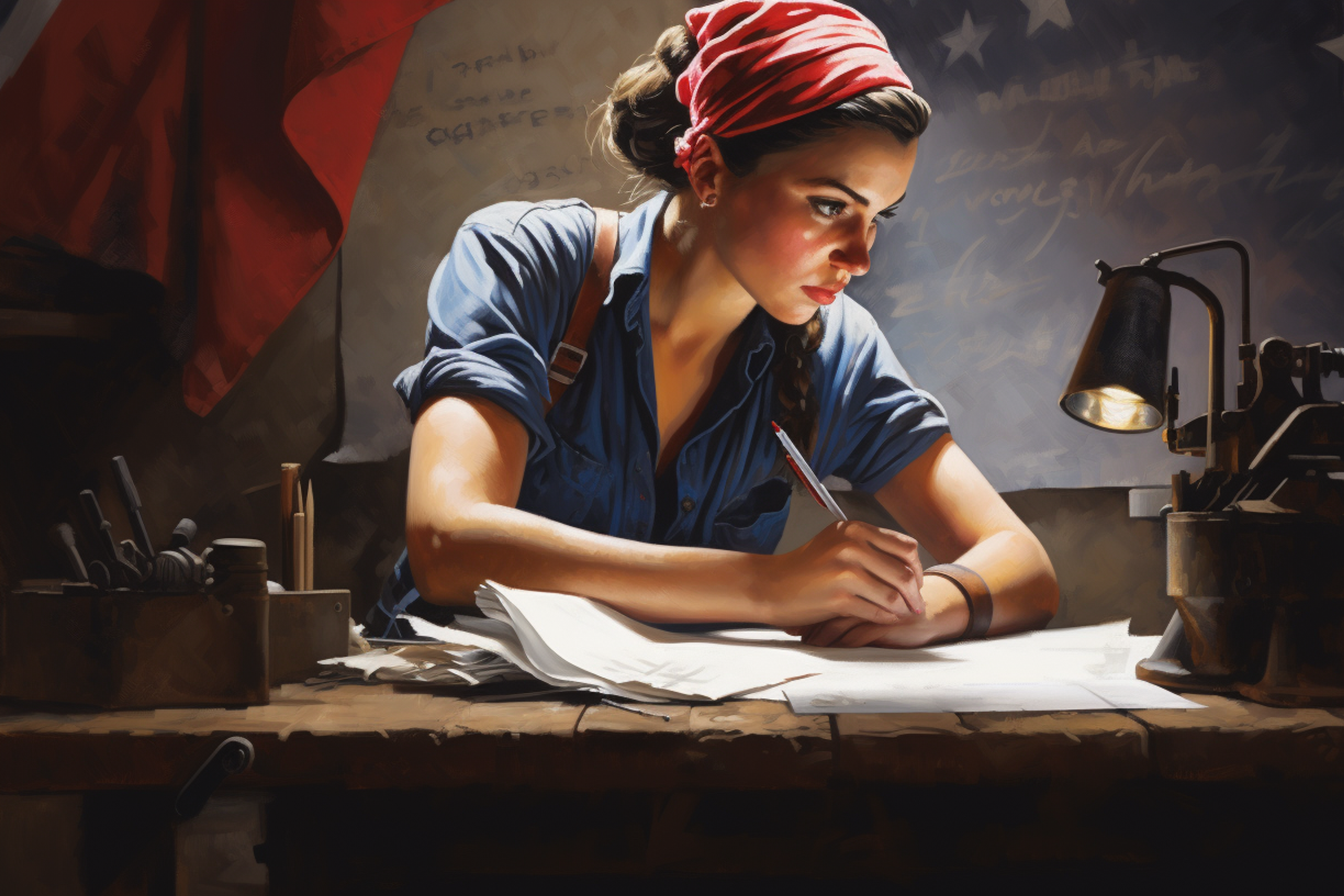 AI-generated image of Rosie the Riveter handwriting letters in a workshop