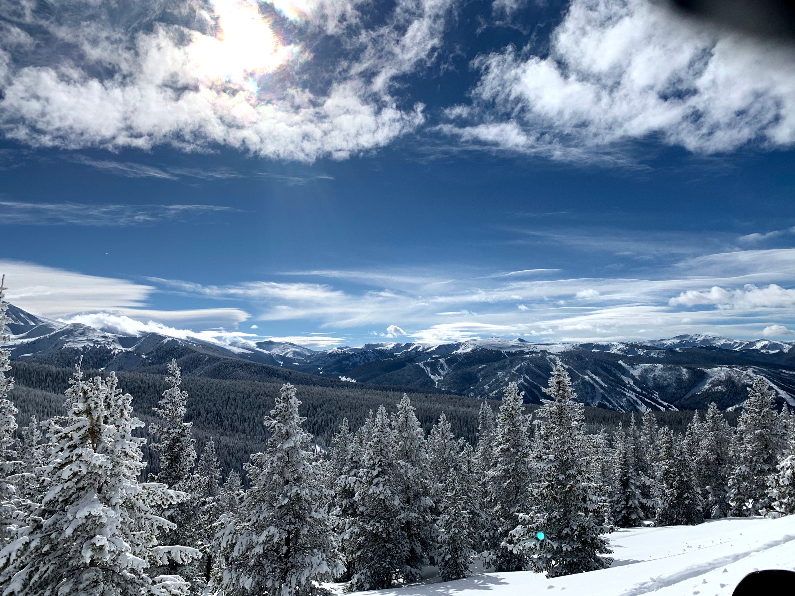 Snow covered mountains and trees against a brilliant blue sky.