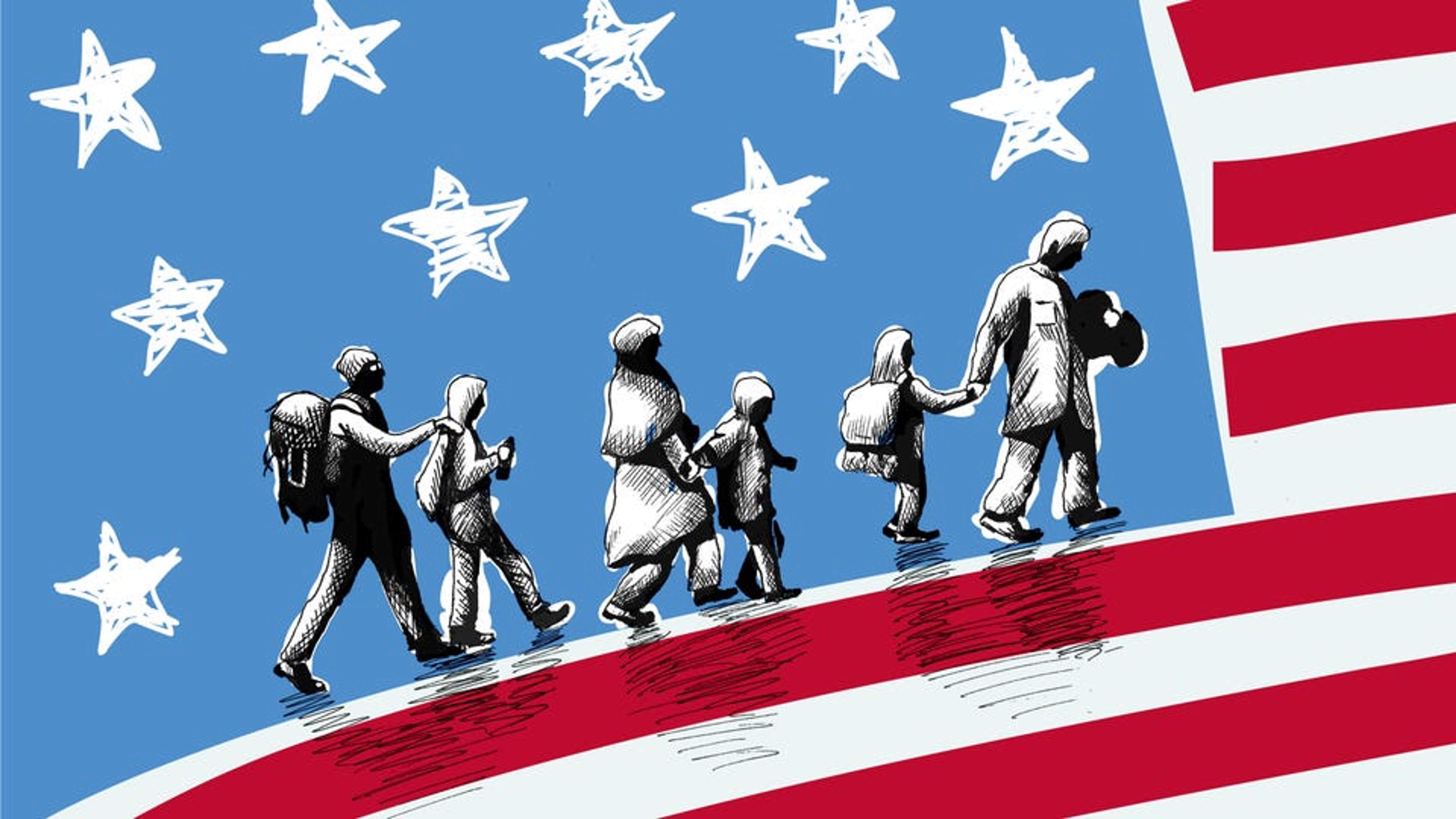 Illustration of an American flag with migrants walking across one of the stripes.