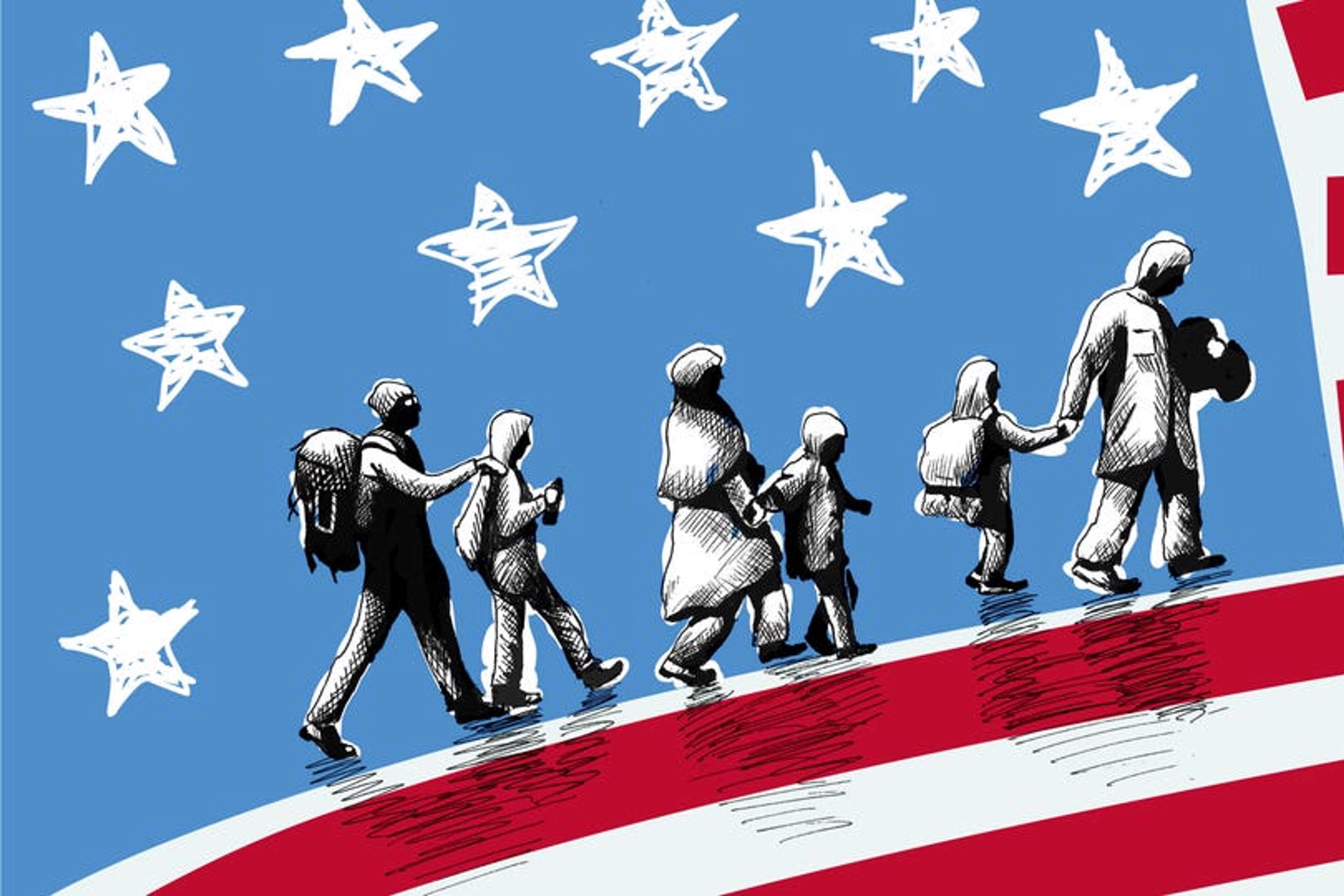 Illustration of an American flag with migrants walking across one of the stripes.
