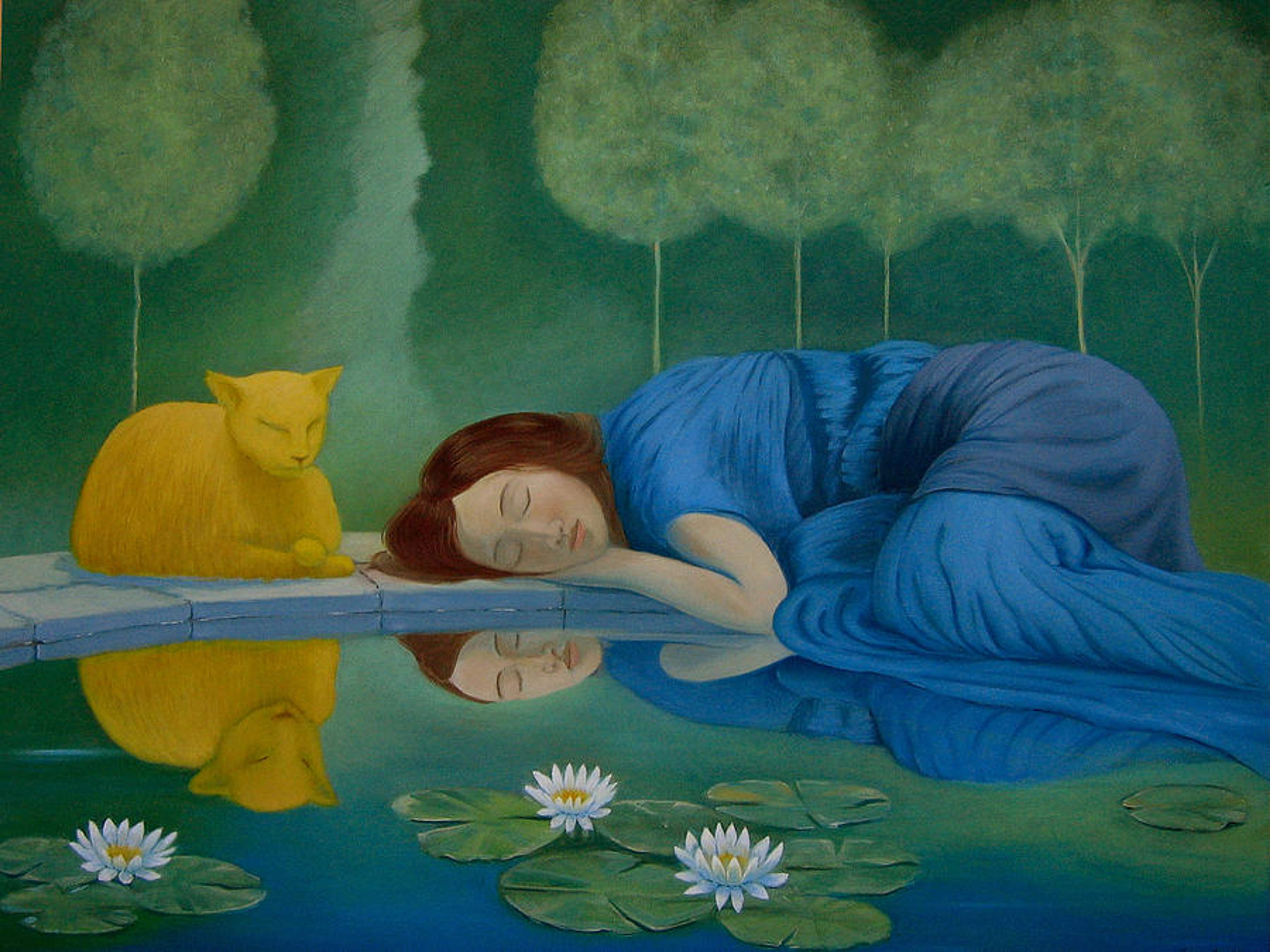 A painting of a woman and a cat sleeping peacefully near a pond with lily pads and flowers.