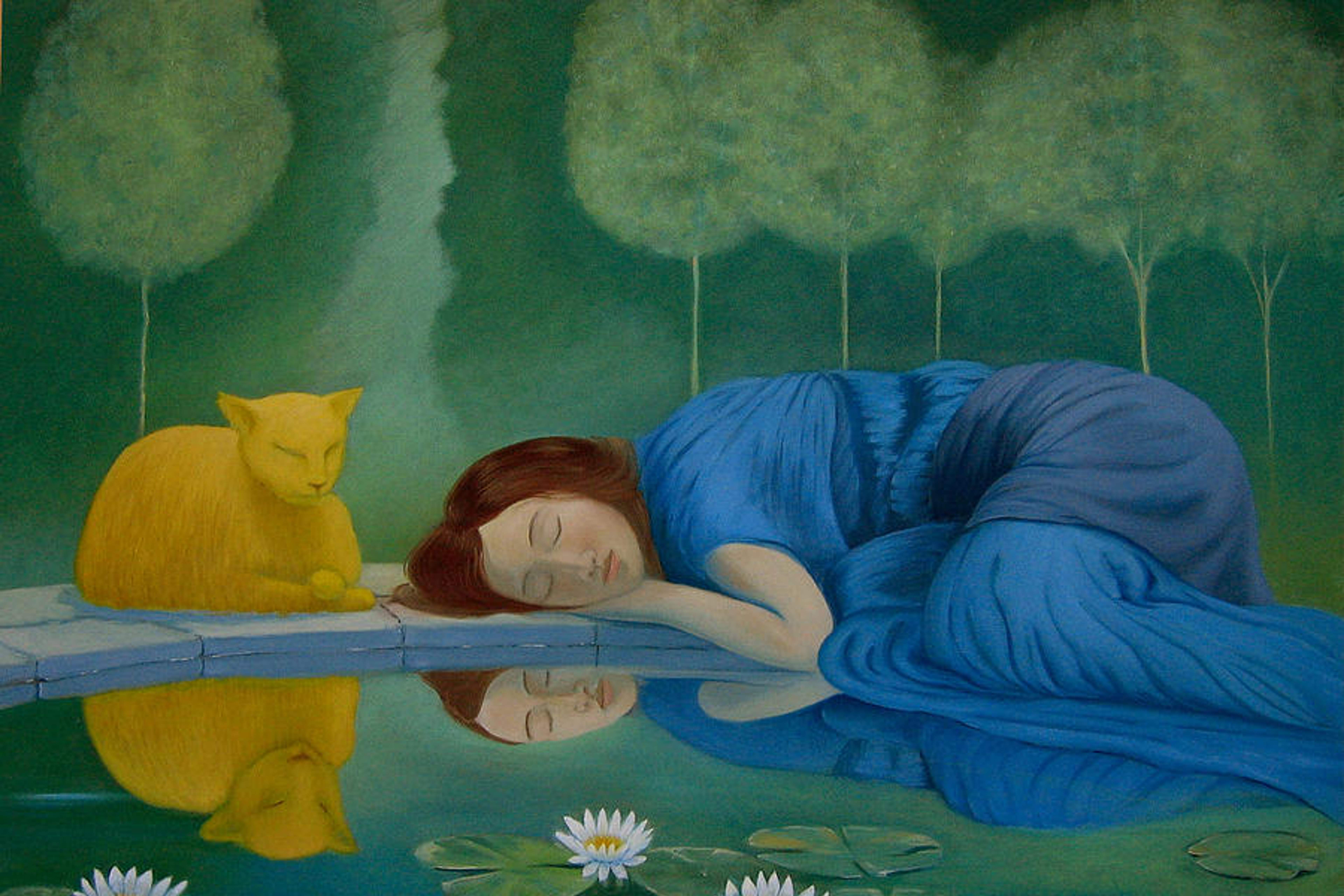 A painting of a woman and a cat sleeping peacefully near a pond with lily pads and flowers.