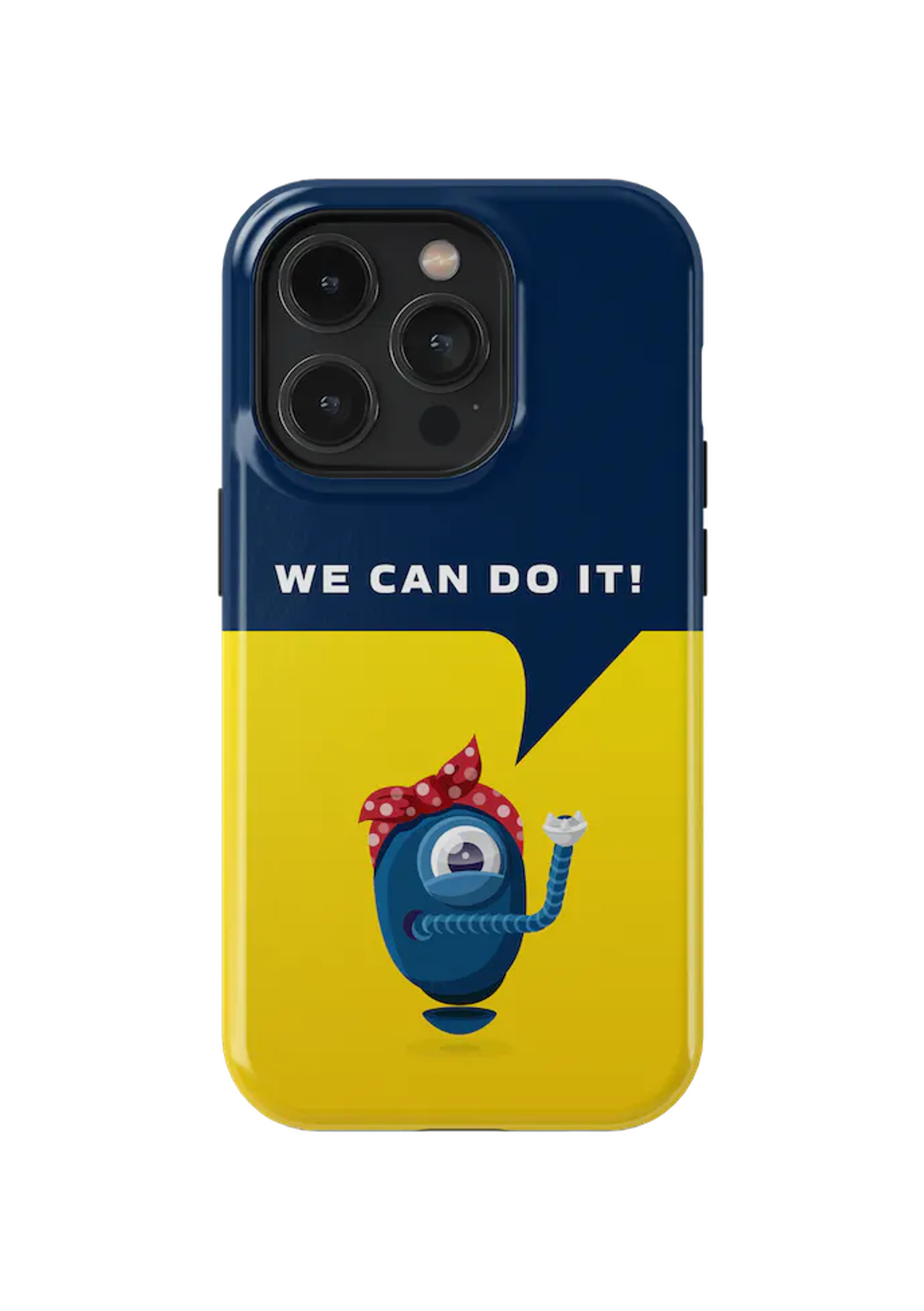 Phone case featuring Rosie the Resistbot on a yellow background, with "we can do it" text above in the style of the famous Rosie the Riveter poster.