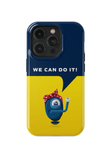 Phone case featuring Rosie the Resistbot on a yellow background, with "we can do it" text above in the style of the famous Rosie the Riveter poster.