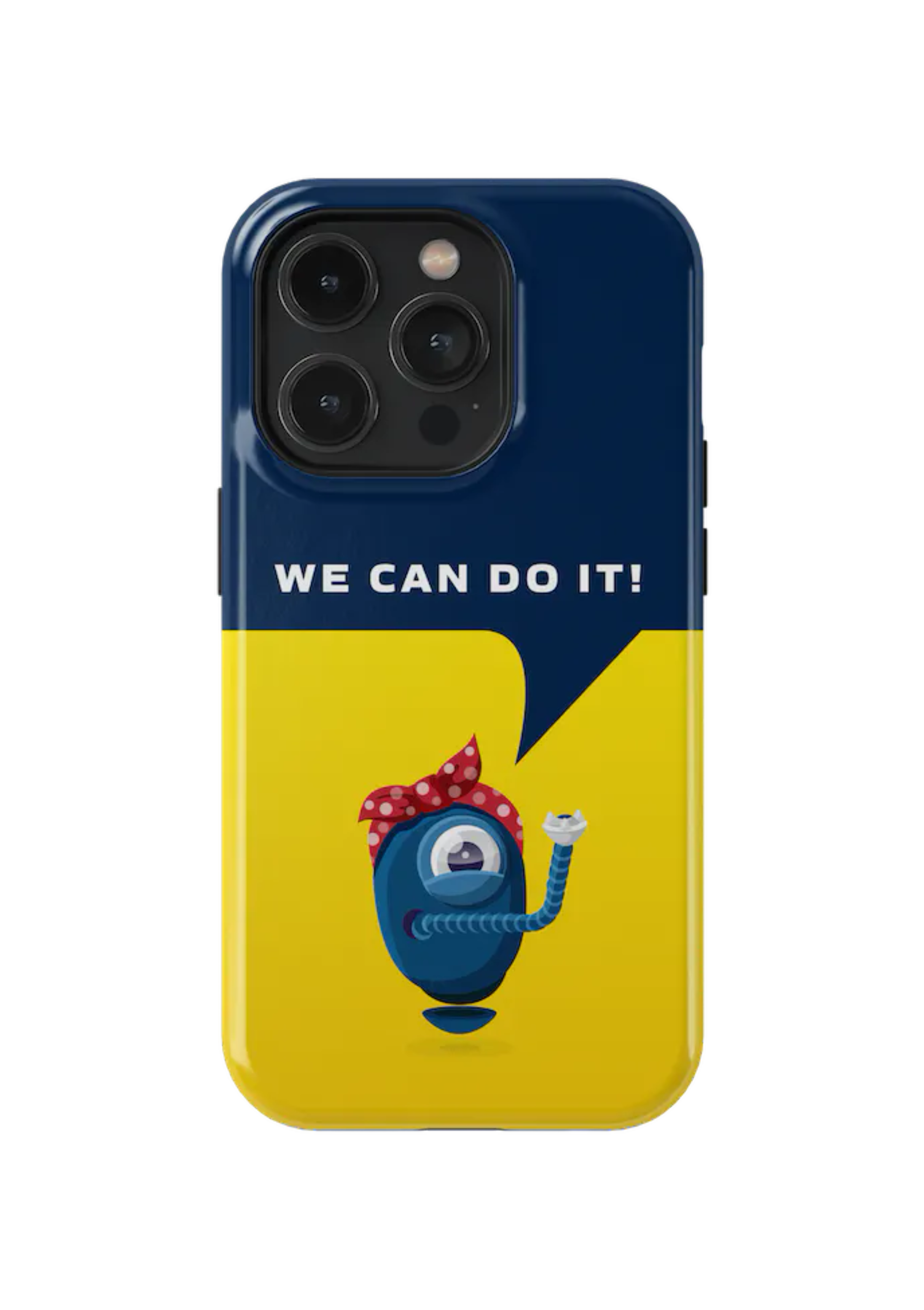 Phone case featuring Rosie the Resistbot on a yellow background, with "we can do it" text above in the style of the famous Rosie the Riveter poster.