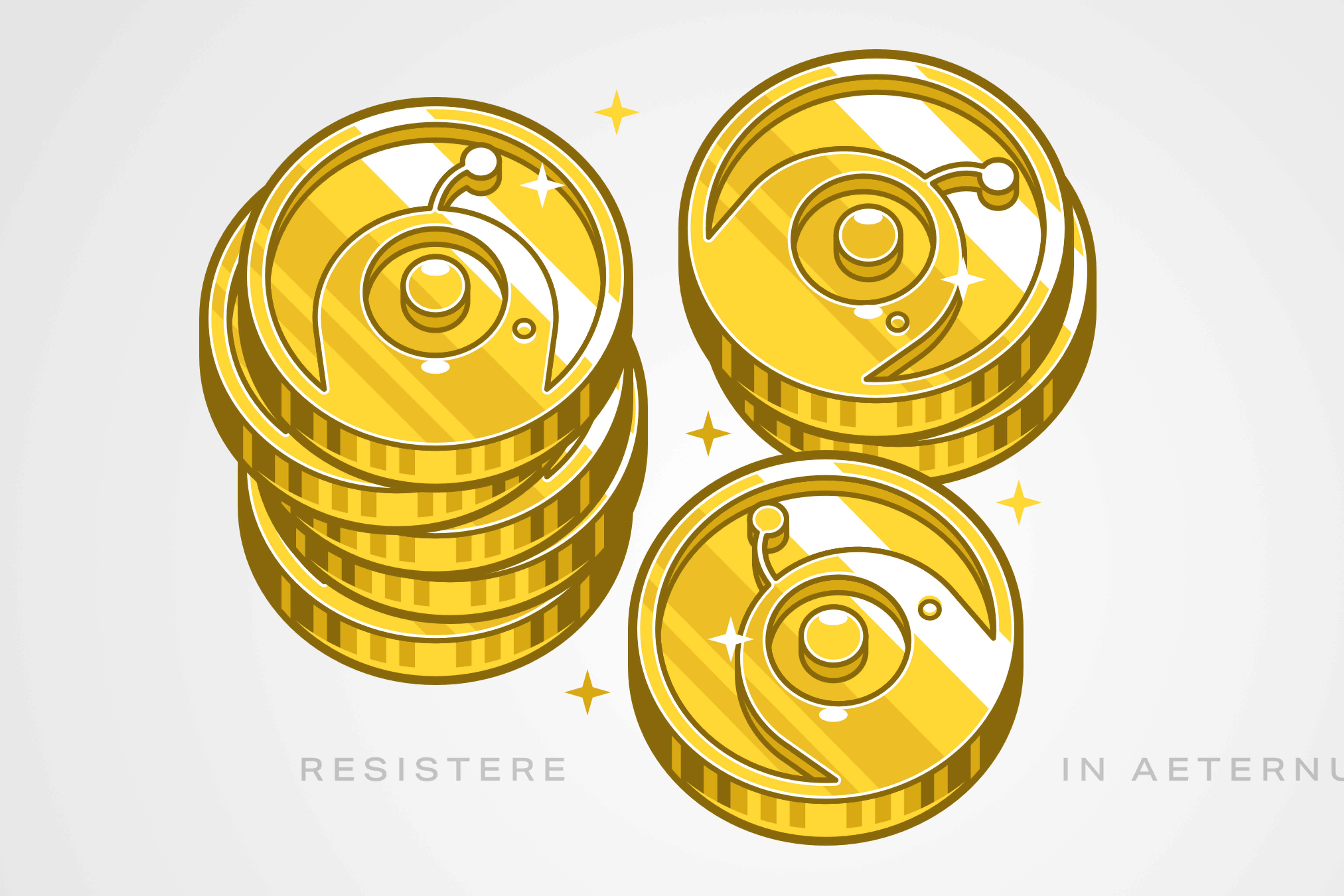 Illustration of Resistbot coins: gold coins with Rosie robots minted into them