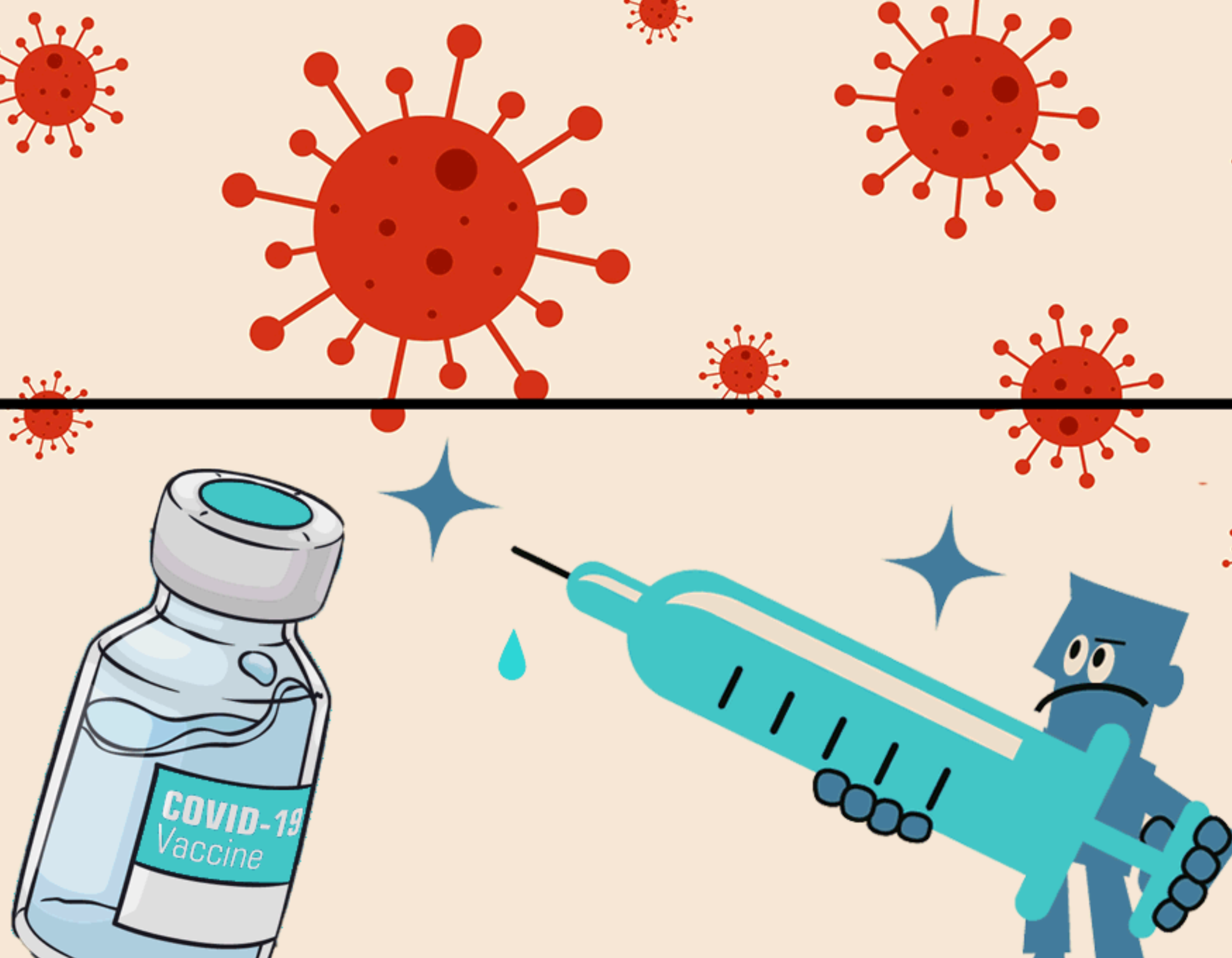 Animated person holding syringe and bottle of COVID vaccine