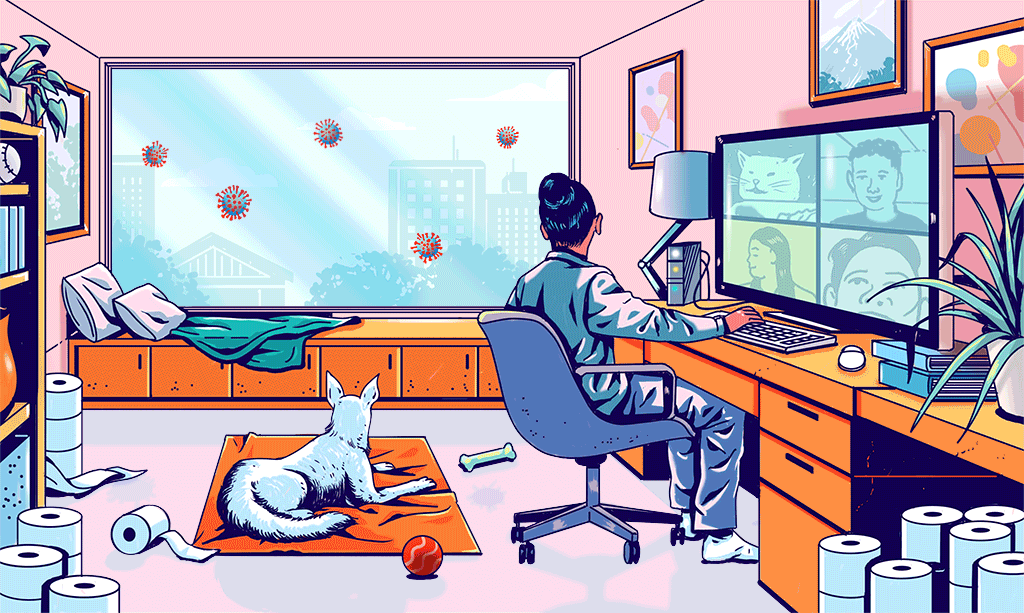Illustration of a woman working from home with coronavirus molecules outside her window