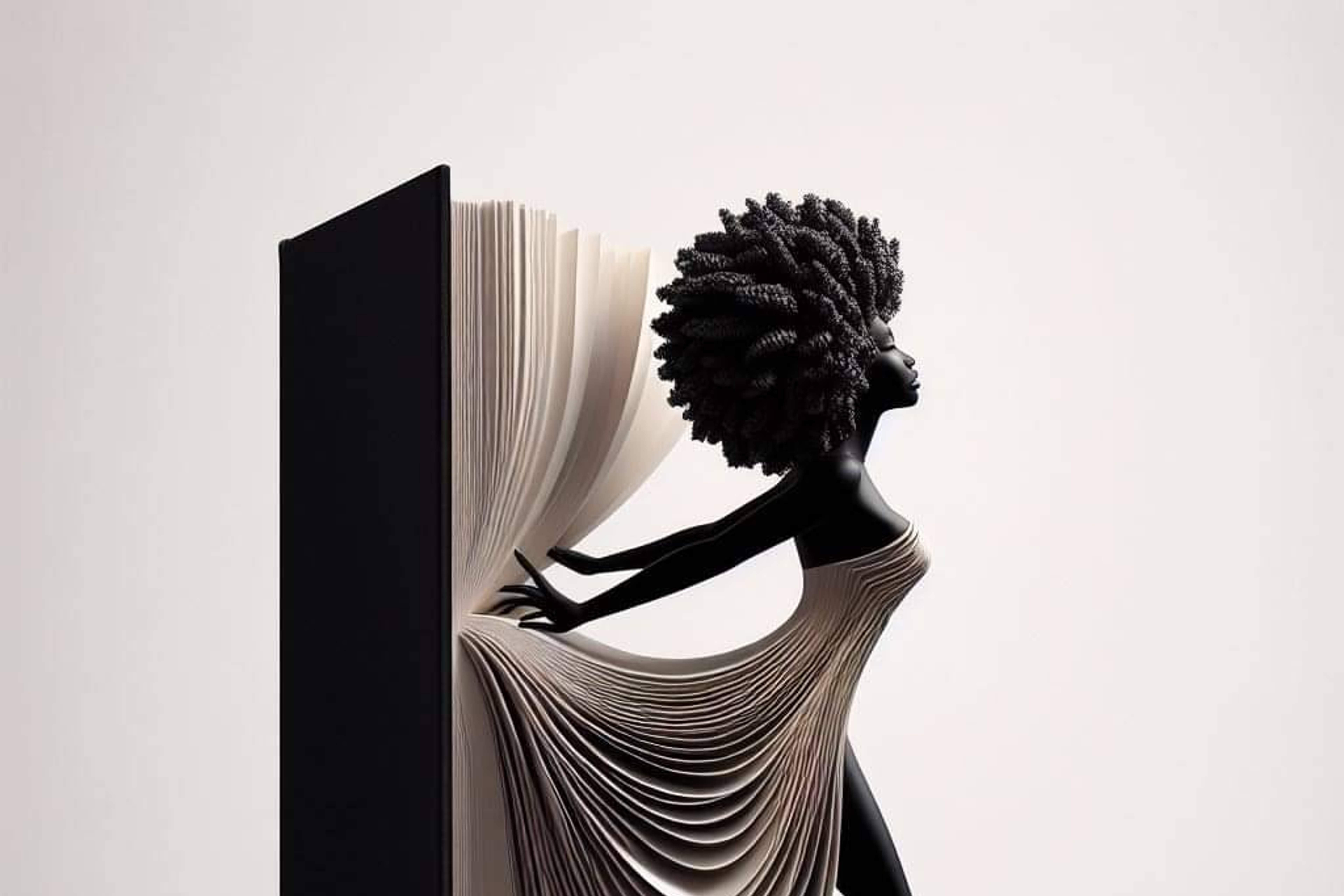 An artistic rendering of a Black woman emerging from the pages of a book, with the pages draped over her like a luxurious dress