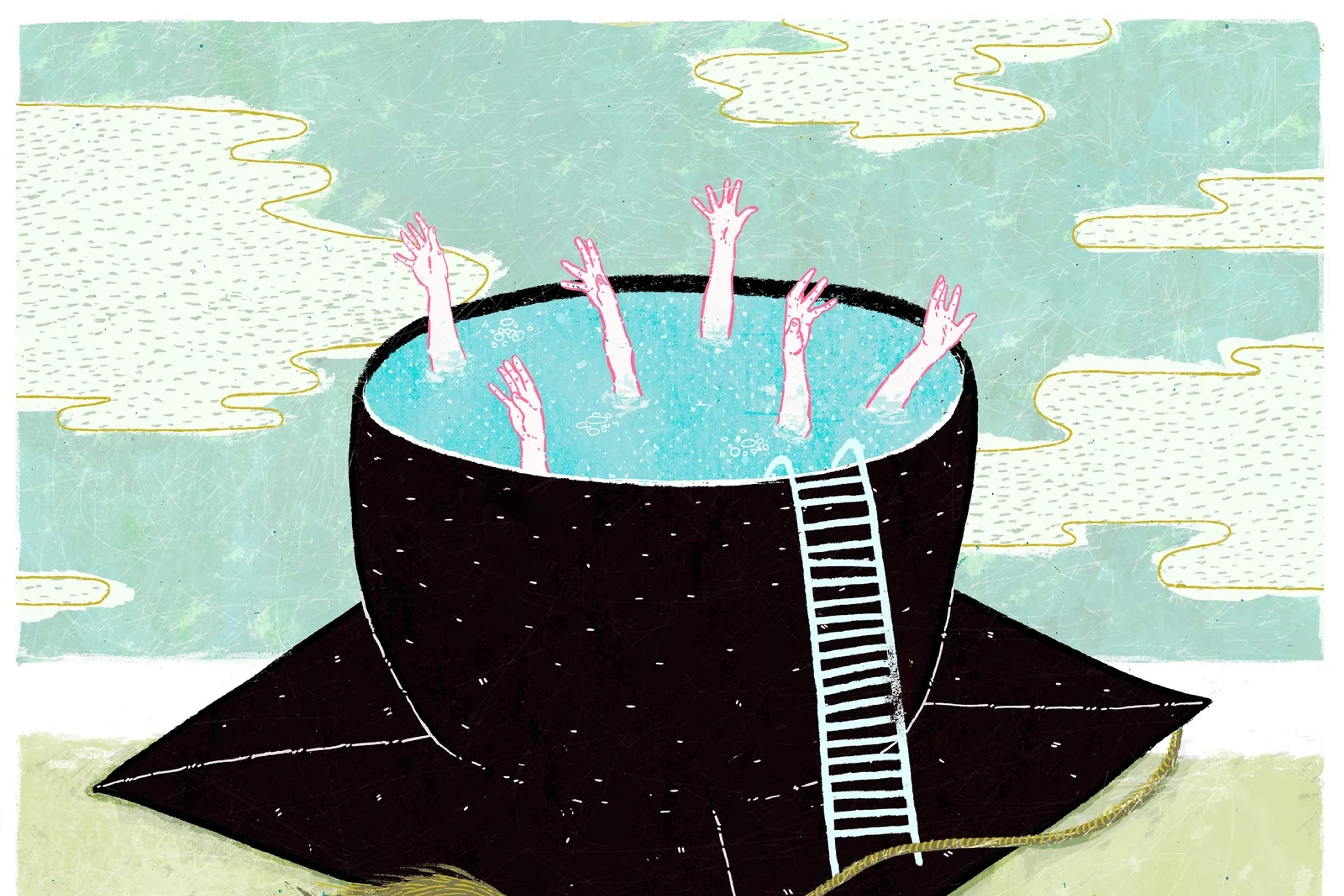 An illustration depicting college graduates drowning in a mortarboard cap full of water.