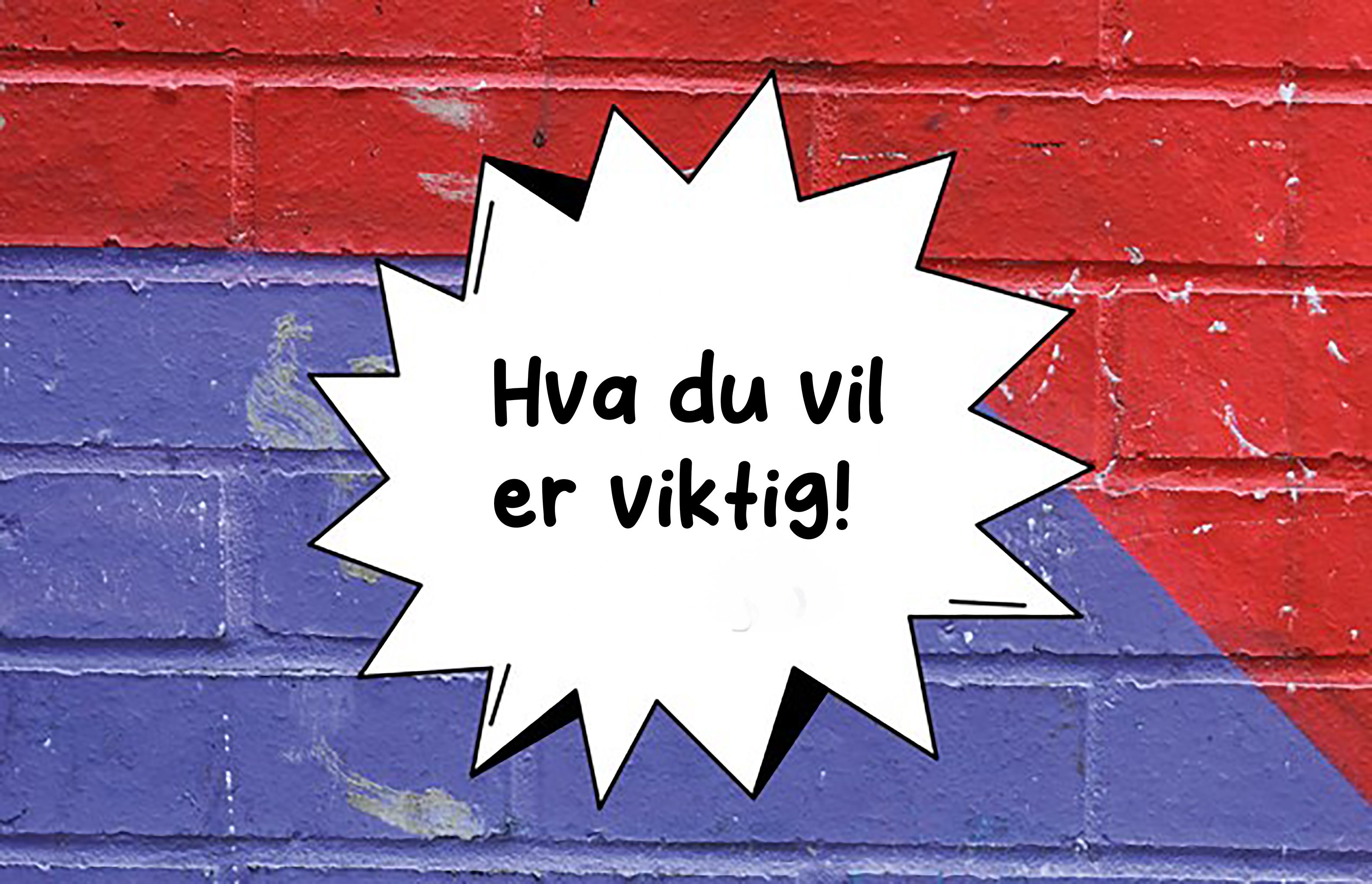 En plakat er foran en murvegg med rød og lilla farge. På plakaten står det: Hva du vil er viktig!