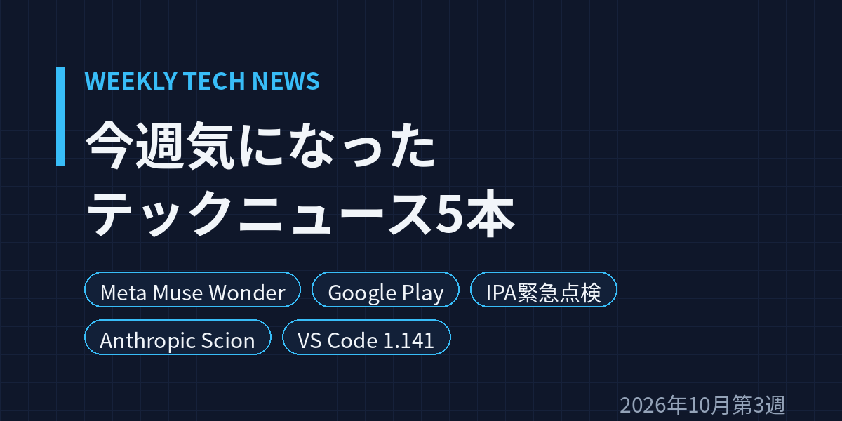 紺色の背景に「今週気になったテックニュース5本」の見出しと、Meta Muse Wonder・Google Play・IPA緊急点検・Anthropic Scion・VS Code 1.141の5つのタグが並んだタイトル画像