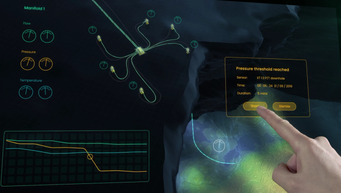 A user interface with a subsea field with sensors and infographics