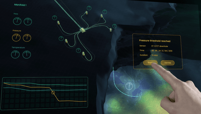 A user interface with a subsea field with sensors and infographics