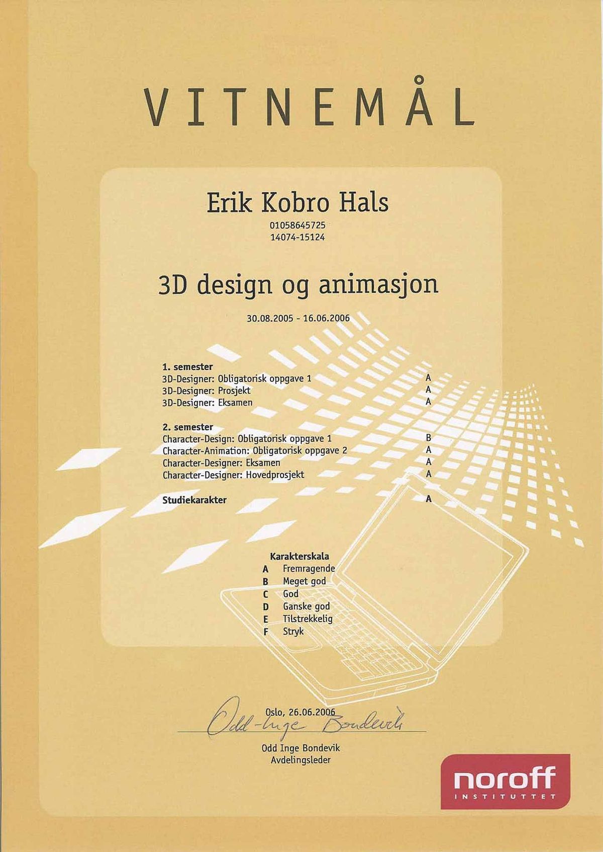 A certificate for 3D design and animation at Noroff