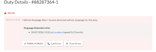 Stoppage detection info
