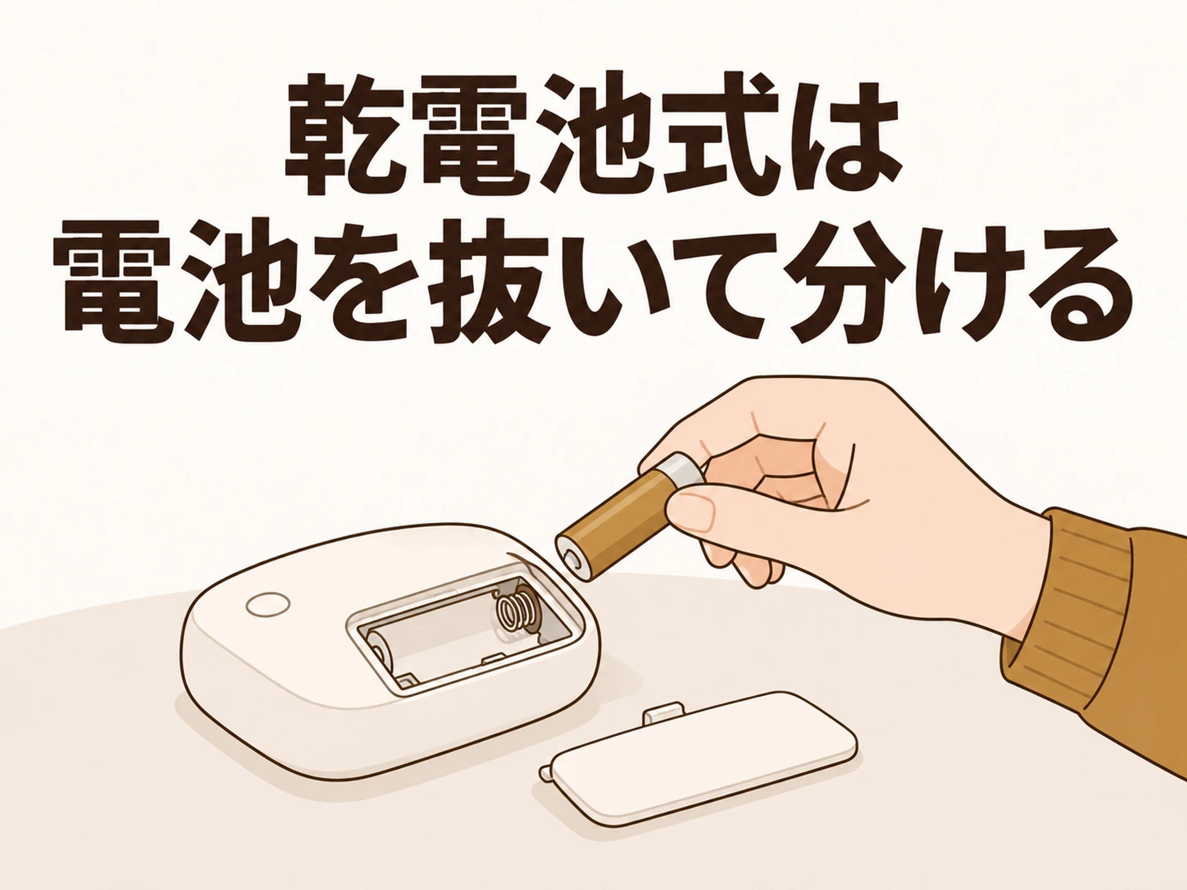 乾電池式は電池を抜き、電池と本体をそれぞれ自治体の区分で出します。