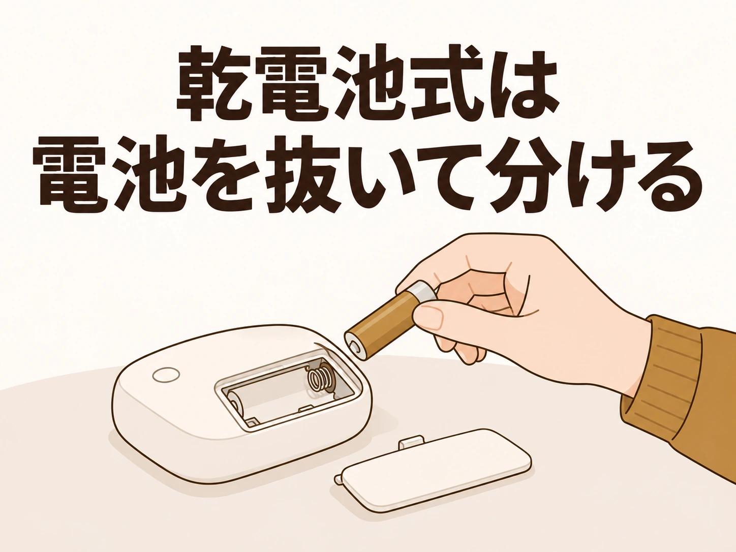 乾電池式は電池を抜き、電池と本体をそれぞれ自治体の区分で出します。