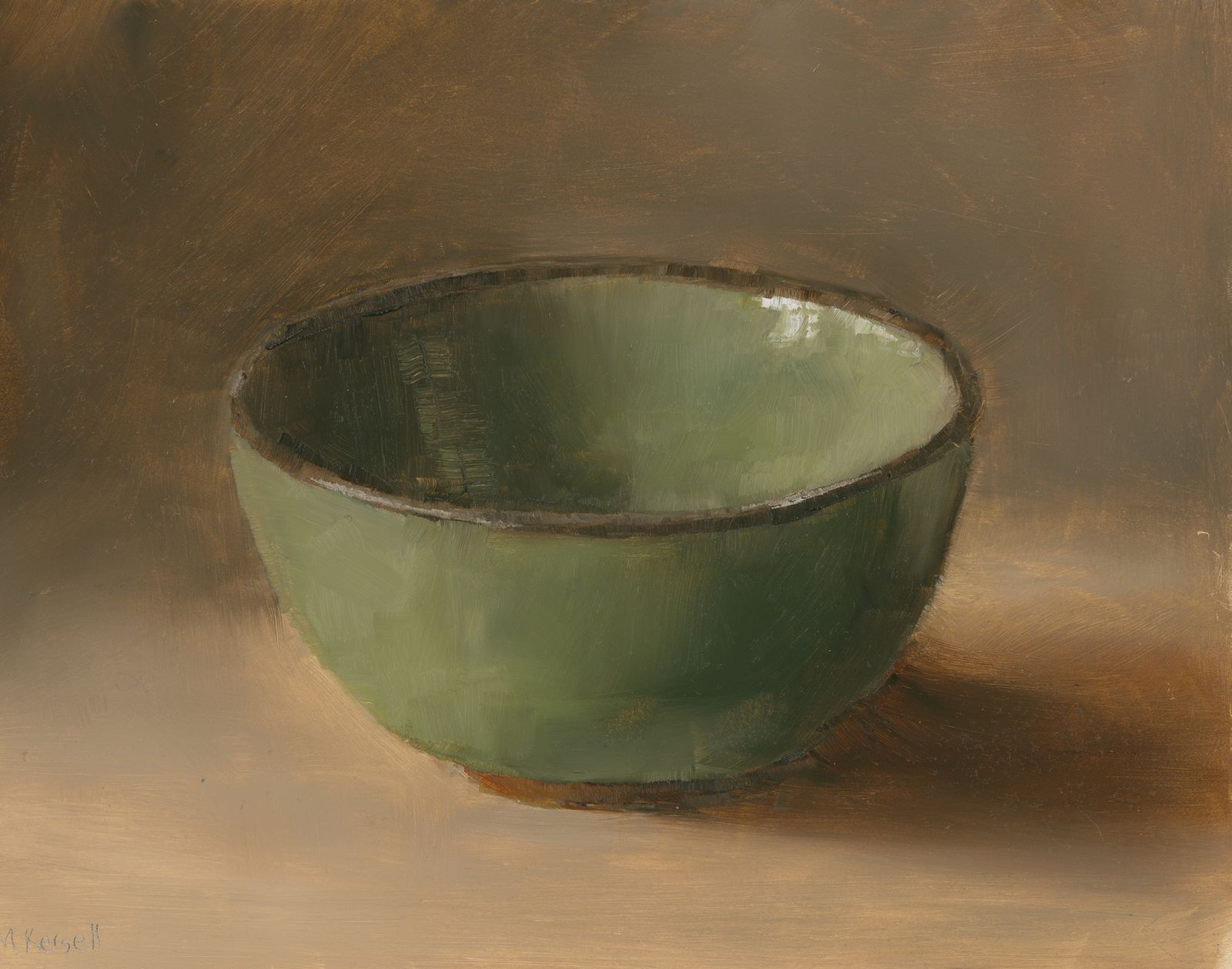 An oil painting on panel of a small shiny green ceramic bowl.