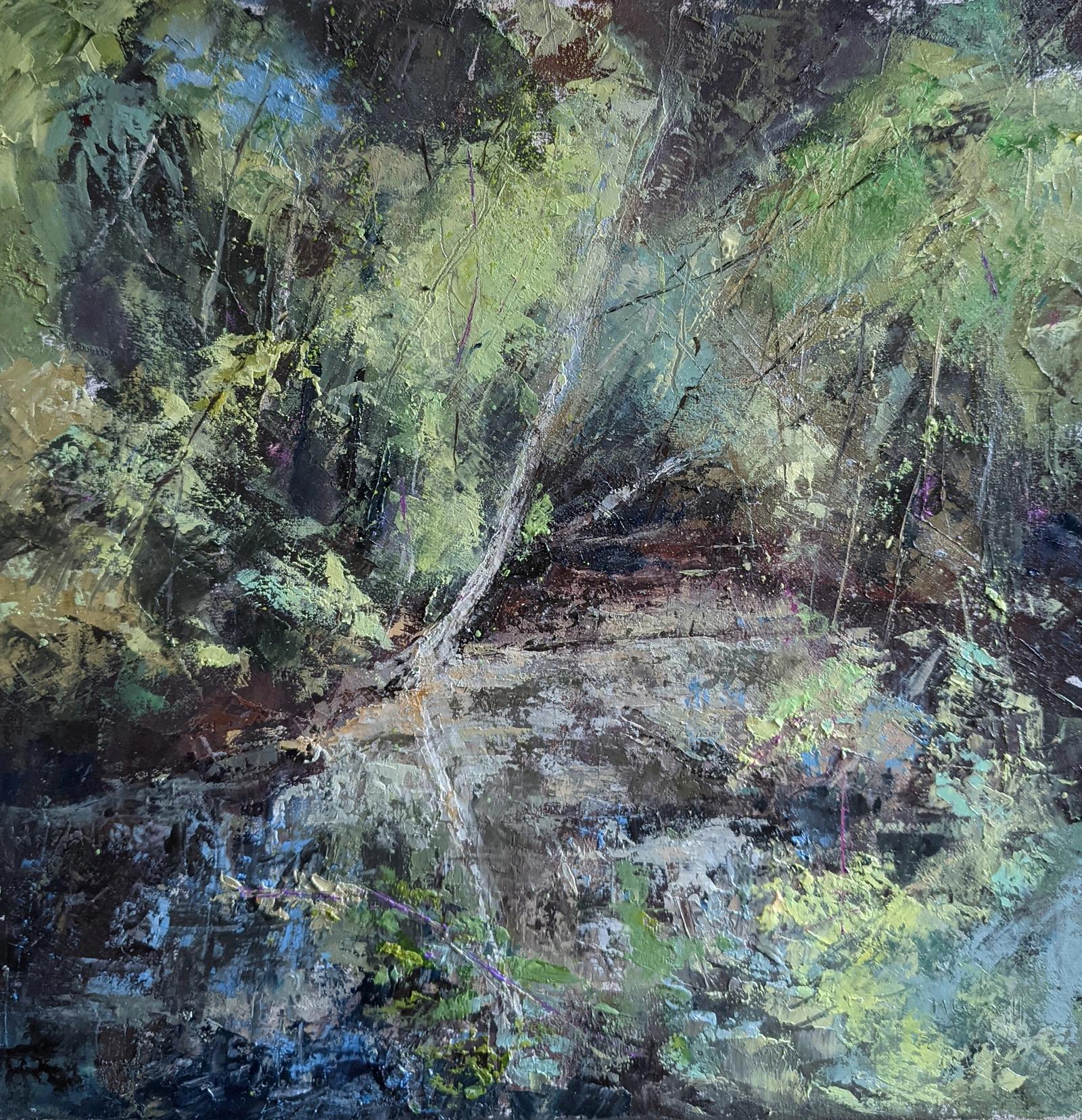 A semi-abstract  oil painting of tree reflections in a river. 