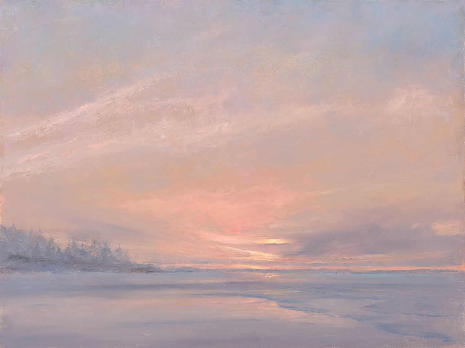 A pink sunset reflected in onshore waves.