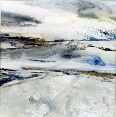 A small abstract watercolor of greys, greens, blues and rose