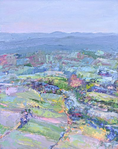 This Plein Air painting look from on-high over a river valley surrounded by fields toward distant mountains. The color is imagined.
