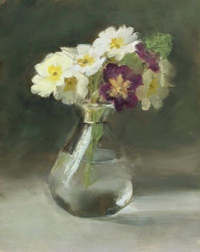 An oil painting of white, yellow and fuschia primroses in a glass vase.
