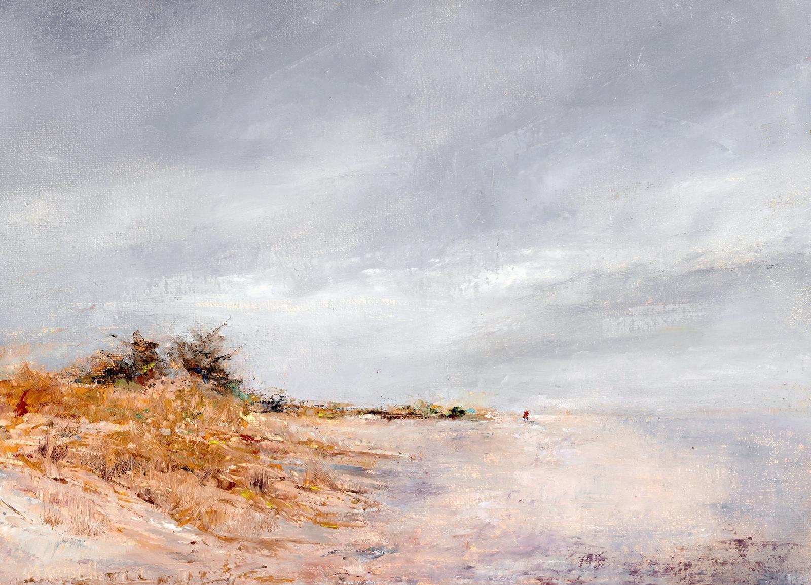 An oil painting of sand dunes on a windy fall day.