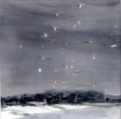 A watercolor of stars on a winter night. Deep blue-grey and white.