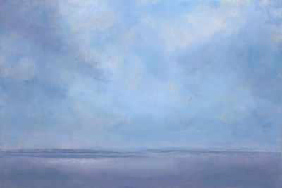 A painting of a big sky over a bay with shimmering water. A gannet is fishing.