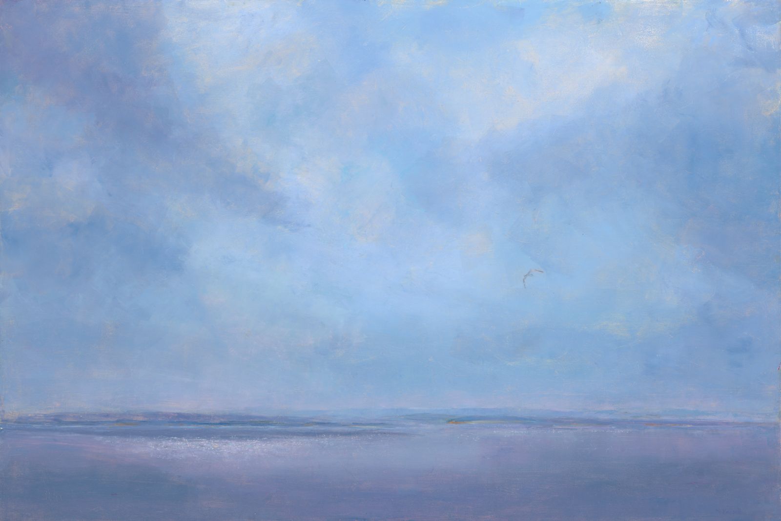 A painting of a big sky over a bay with shimmering water. A gannet is fishing.