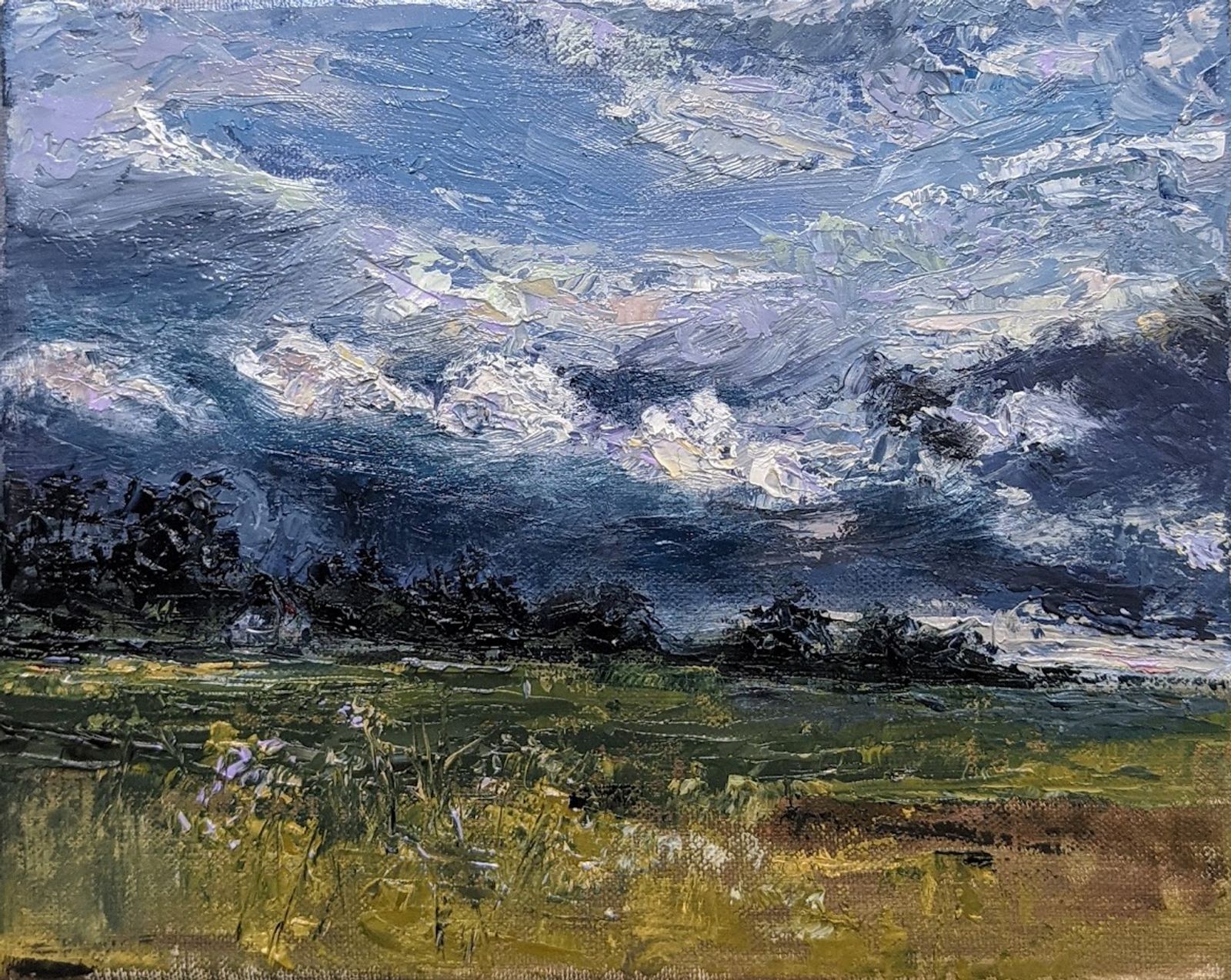 An oil painting of a blustery day with storm clouds lifting.